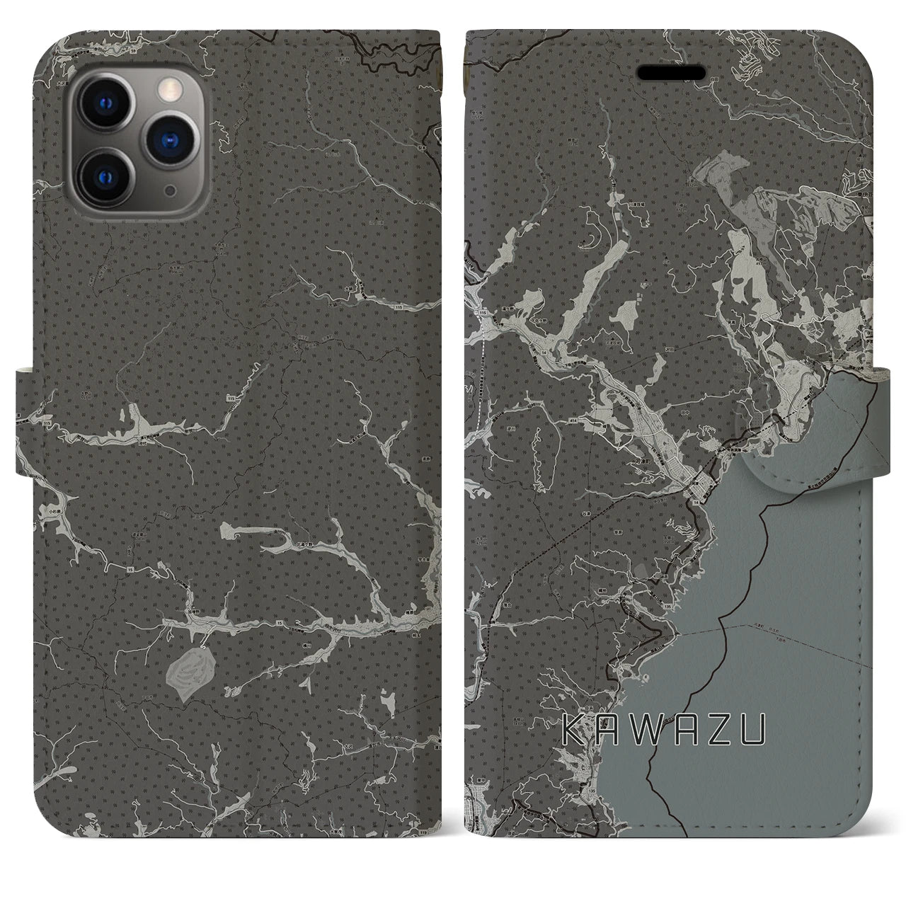 【河津(静岡県)】地図柄iPhoneケース(手帳タイプ)モノトーン・iPhone 11 Pro Max 用