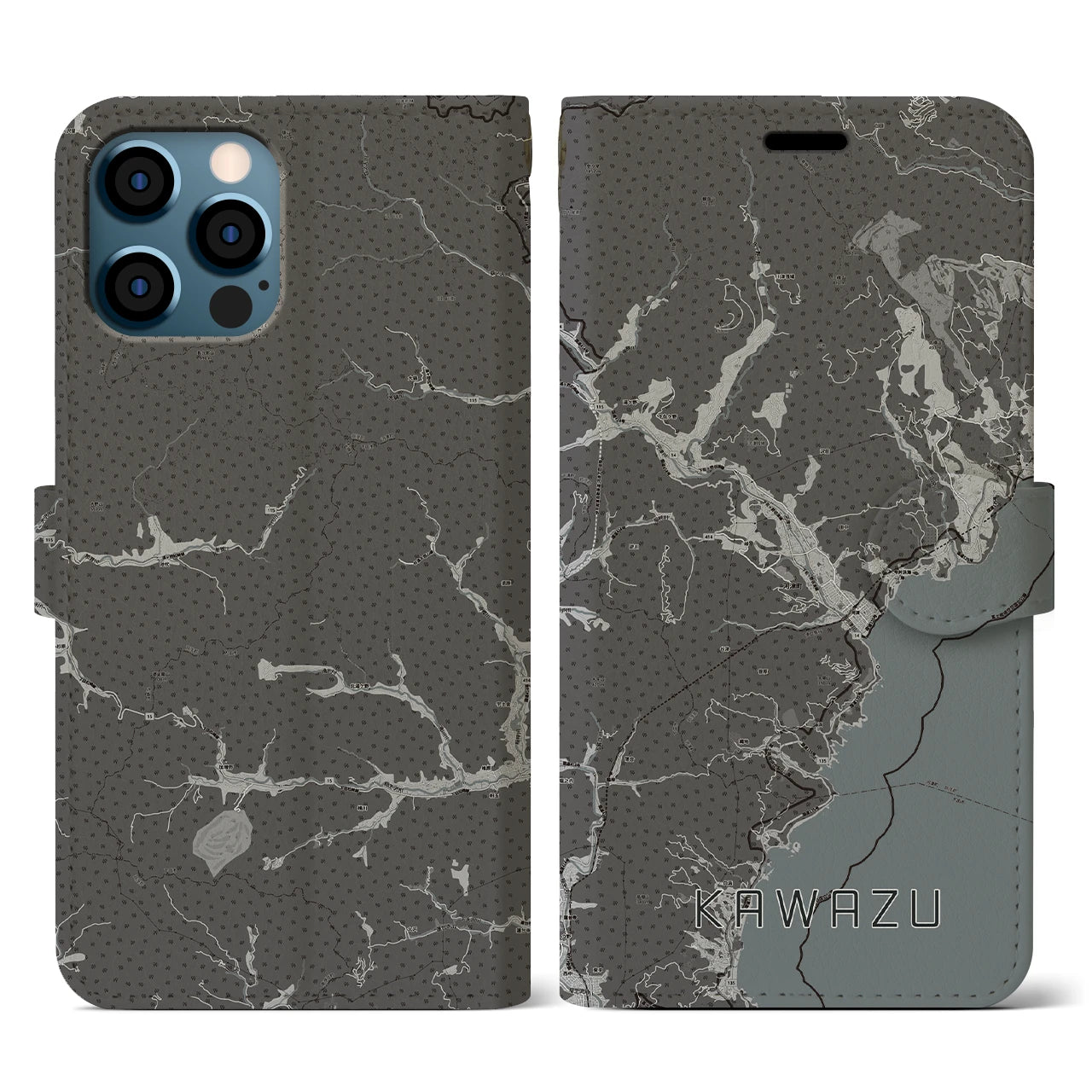 【河津(静岡県)】地図柄iPhoneケース(手帳タイプ)モノトーン・iPhone 12 / 12 Pro 用