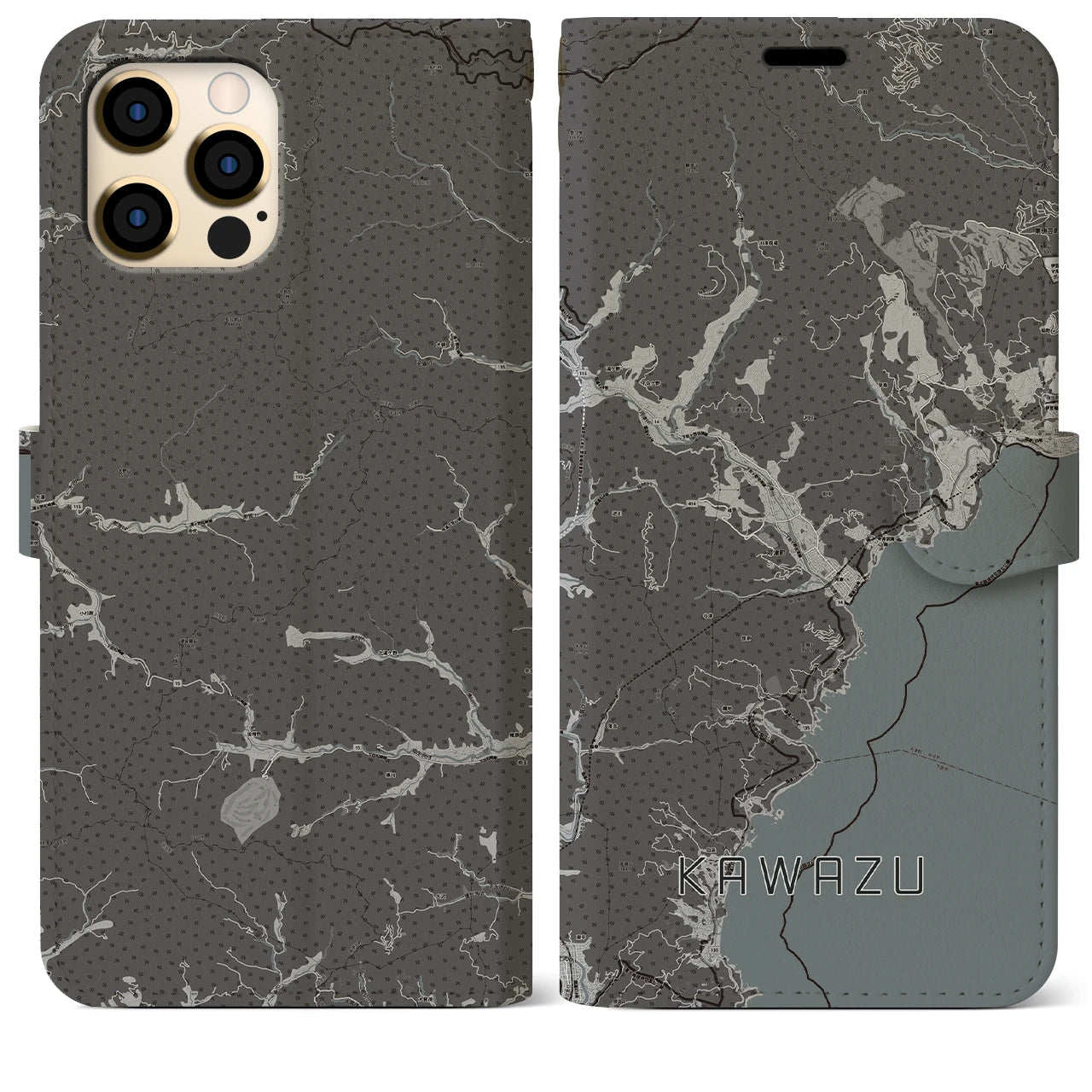 【河津(静岡県)】地図柄iPhoneケース(手帳タイプ)モノトーン・iPhone 12 Pro Max 用