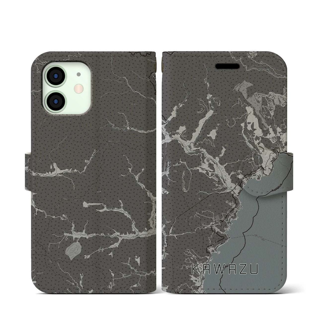 【河津(静岡県)】地図柄iPhoneケース(手帳タイプ)モノトーン・iPhone 12 mini 用