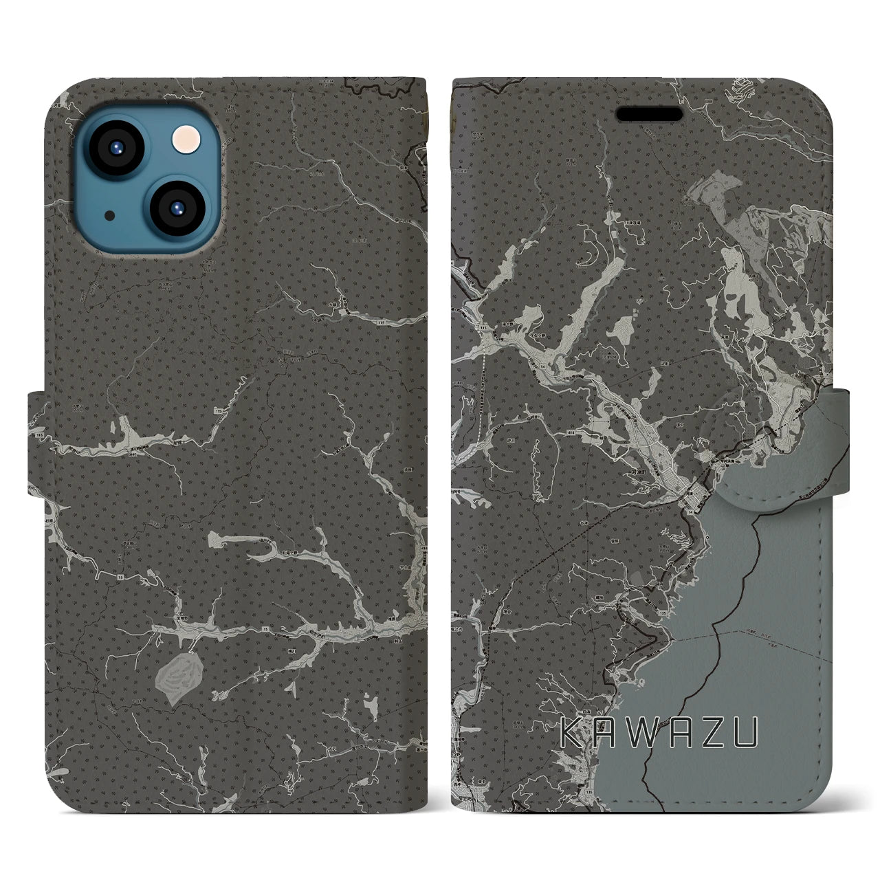 【河津(静岡県)】地図柄iPhoneケース(手帳タイプ)モノトーン・iPhone 13 用
