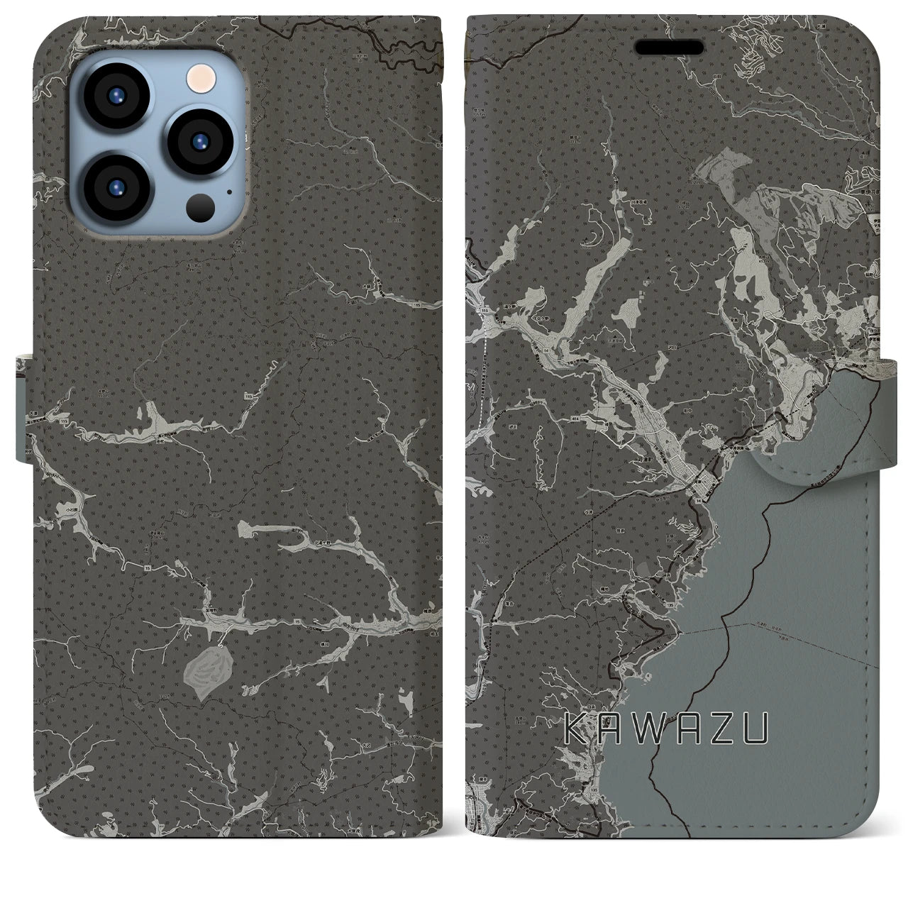 【河津(静岡県)】地図柄iPhoneケース(手帳タイプ)モノトーン・iPhone 13 Pro Max 用