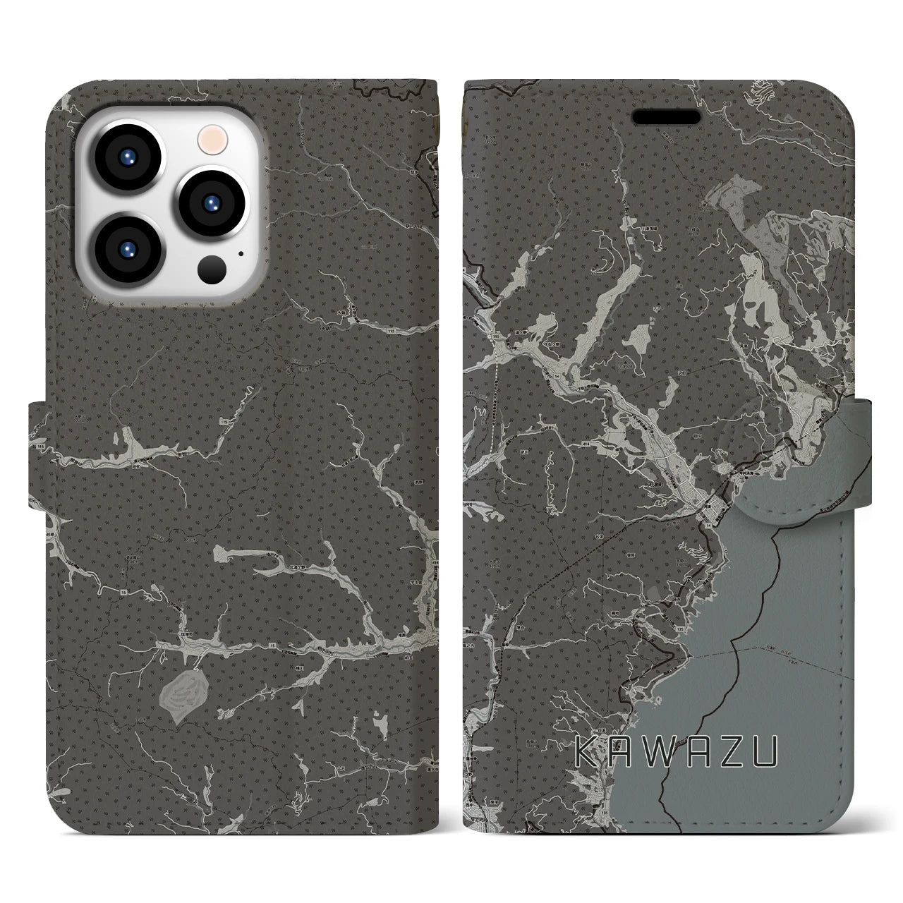 【河津(静岡県)】地図柄iPhoneケース(手帳タイプ)モノトーン・iPhone 13 Pro 用