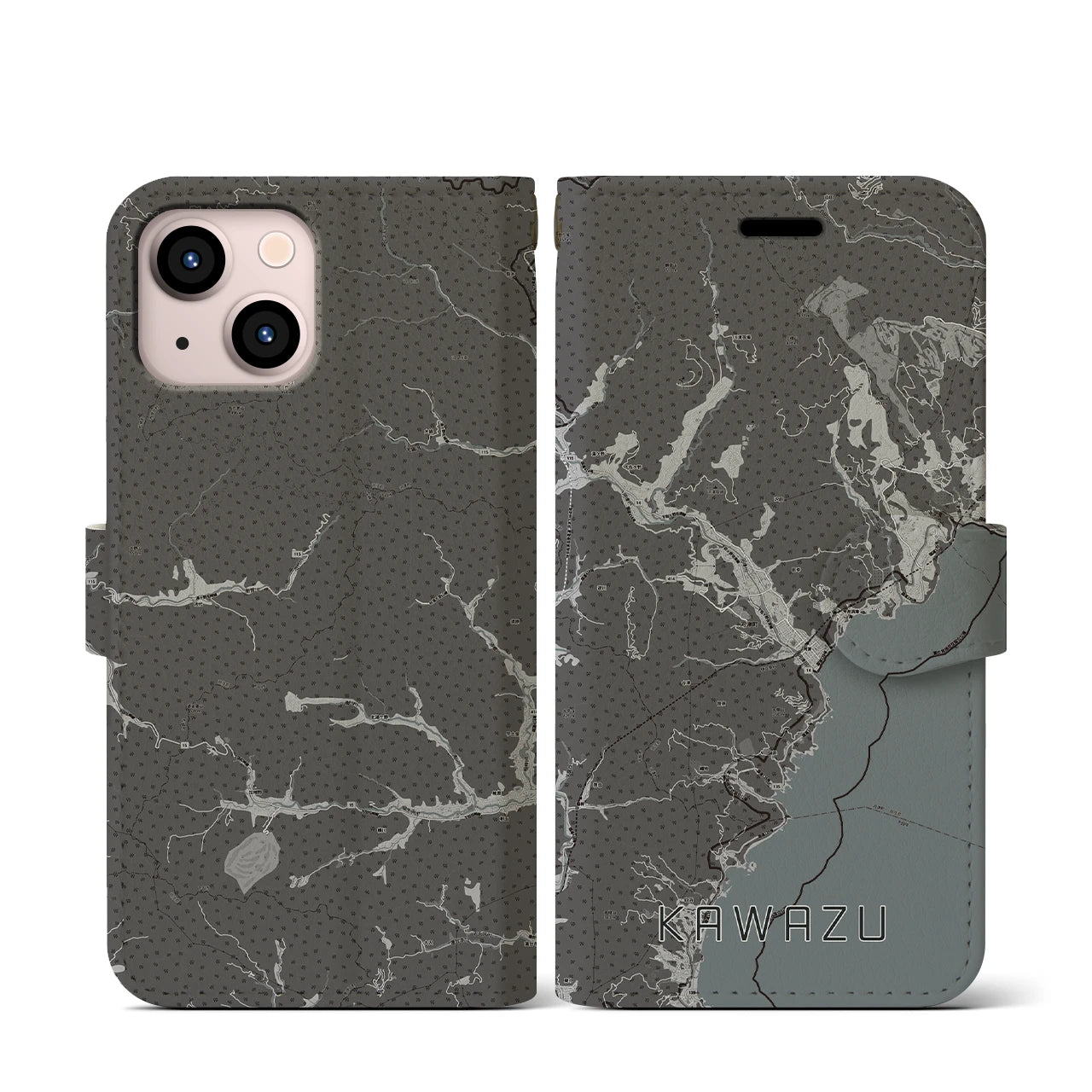 【河津(静岡県)】地図柄iPhoneケース(手帳タイプ)モノトーン・iPhone 13 mini 用