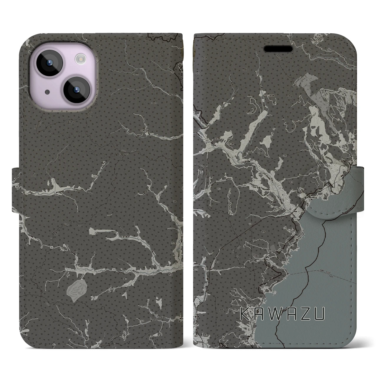 【河津(静岡県)】地図柄iPhoneケース(手帳タイプ)モノトーン・iPhone 14 用