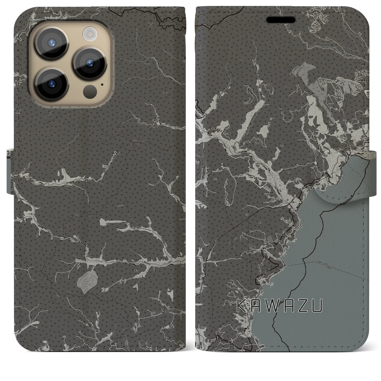 【河津(静岡県)】地図柄iPhoneケース(手帳タイプ)モノトーン・iPhone 14 Pro Max 用