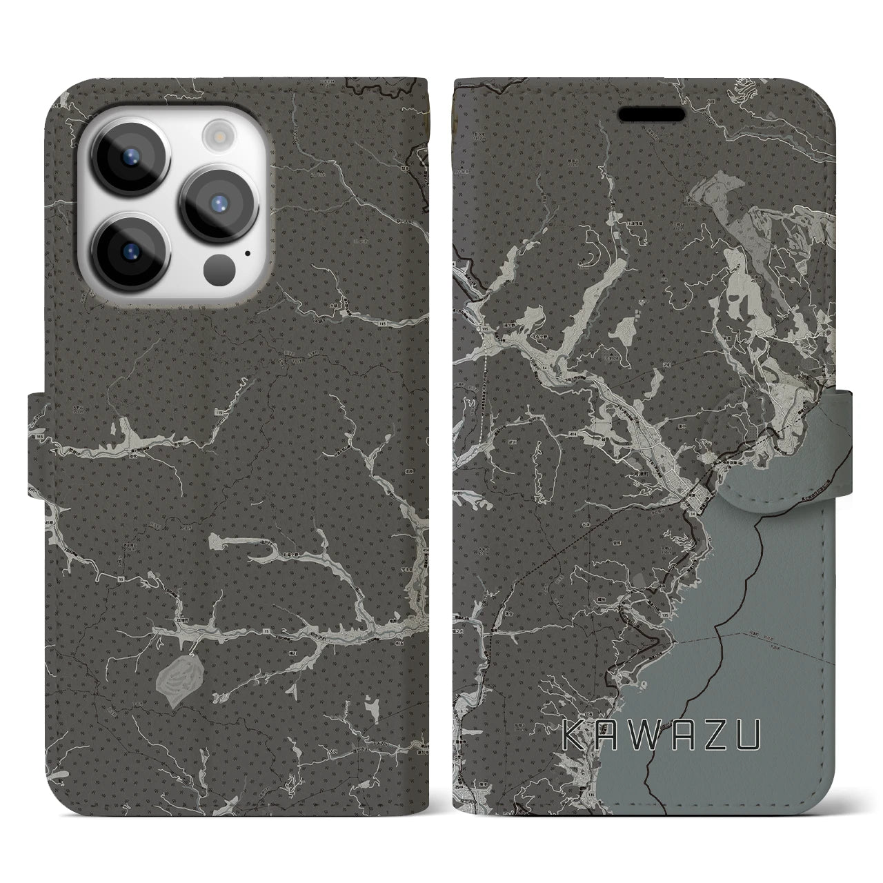 【河津(静岡県)】地図柄iPhoneケース(手帳タイプ)モノトーン・iPhone 14 Pro 用
