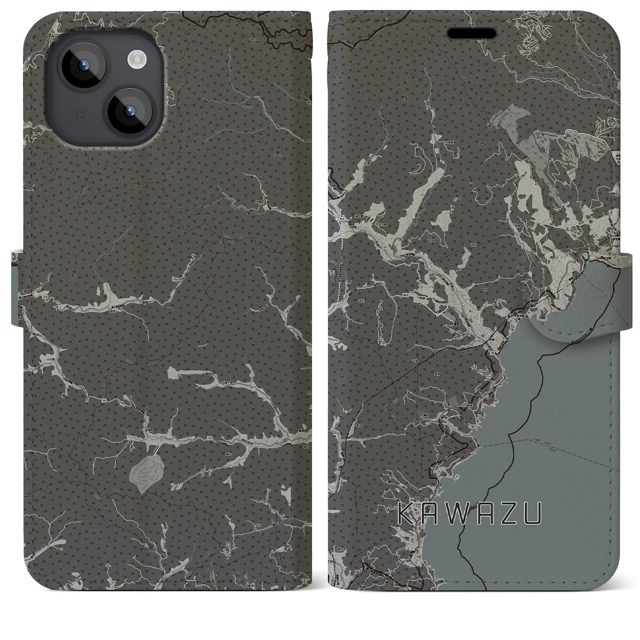 【河津(静岡県)】地図柄iPhoneケース(手帳タイプ)モノトーン・iPhone 14 Plus 用