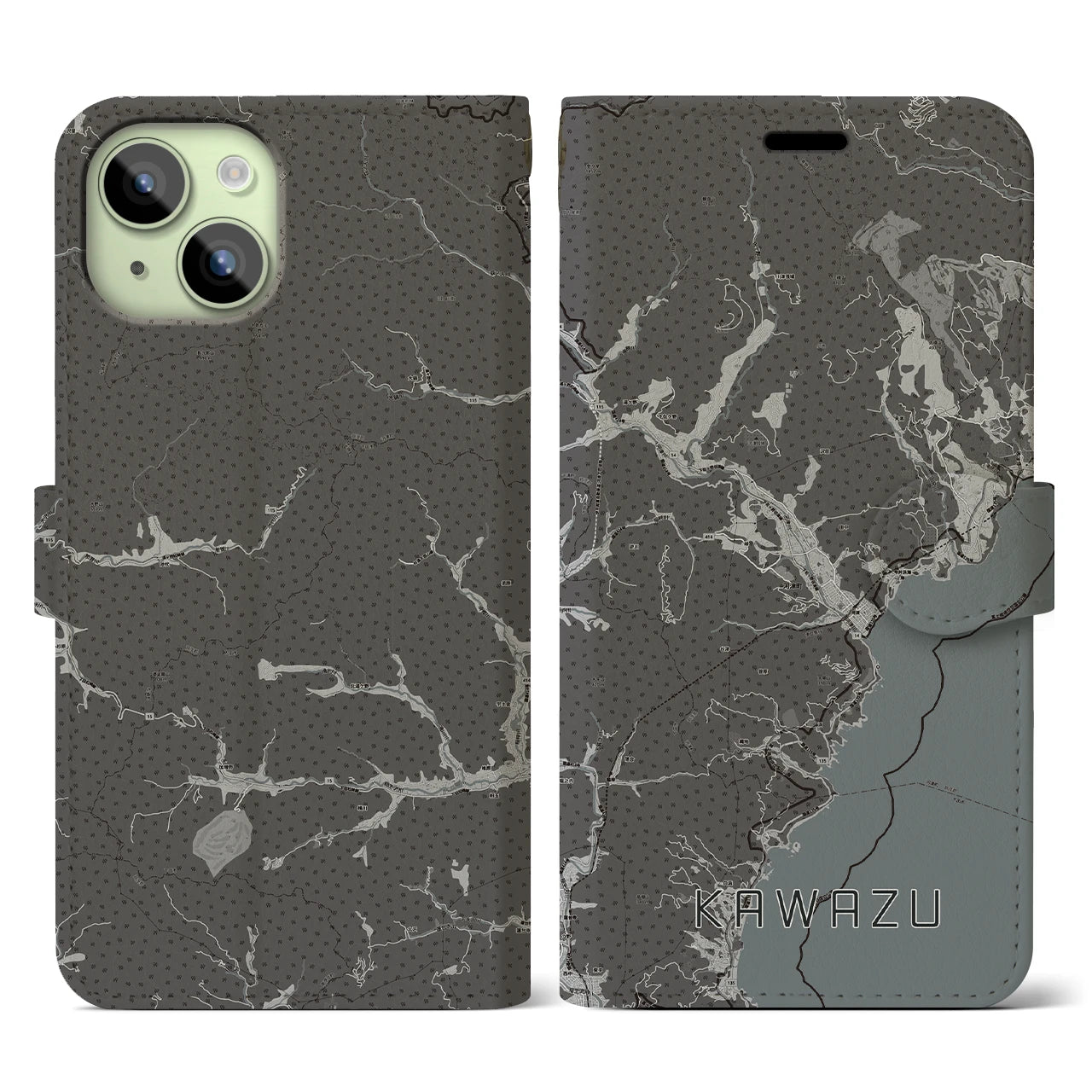 【河津(静岡県)】地図柄iPhoneケース(手帳タイプ)モノトーン・iPhone 15 用