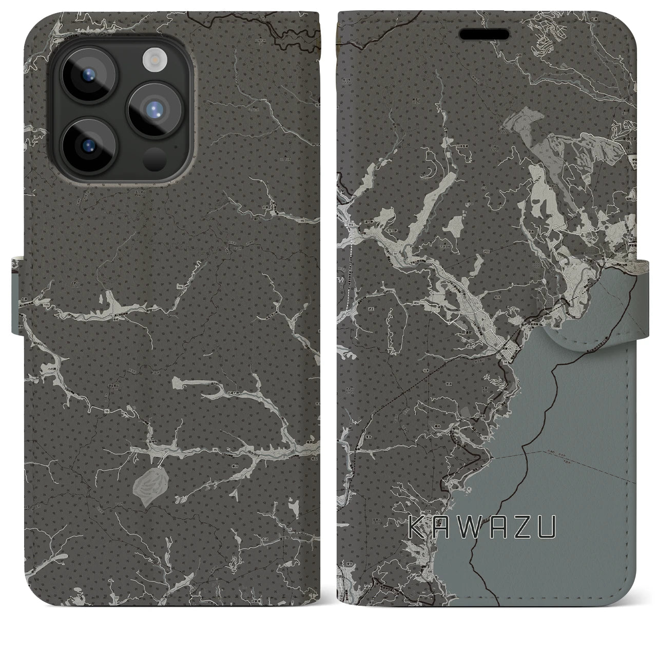 【河津(静岡県)】地図柄iPhoneケース(手帳タイプ)モノトーン・iPhone 15 Pro Max 用