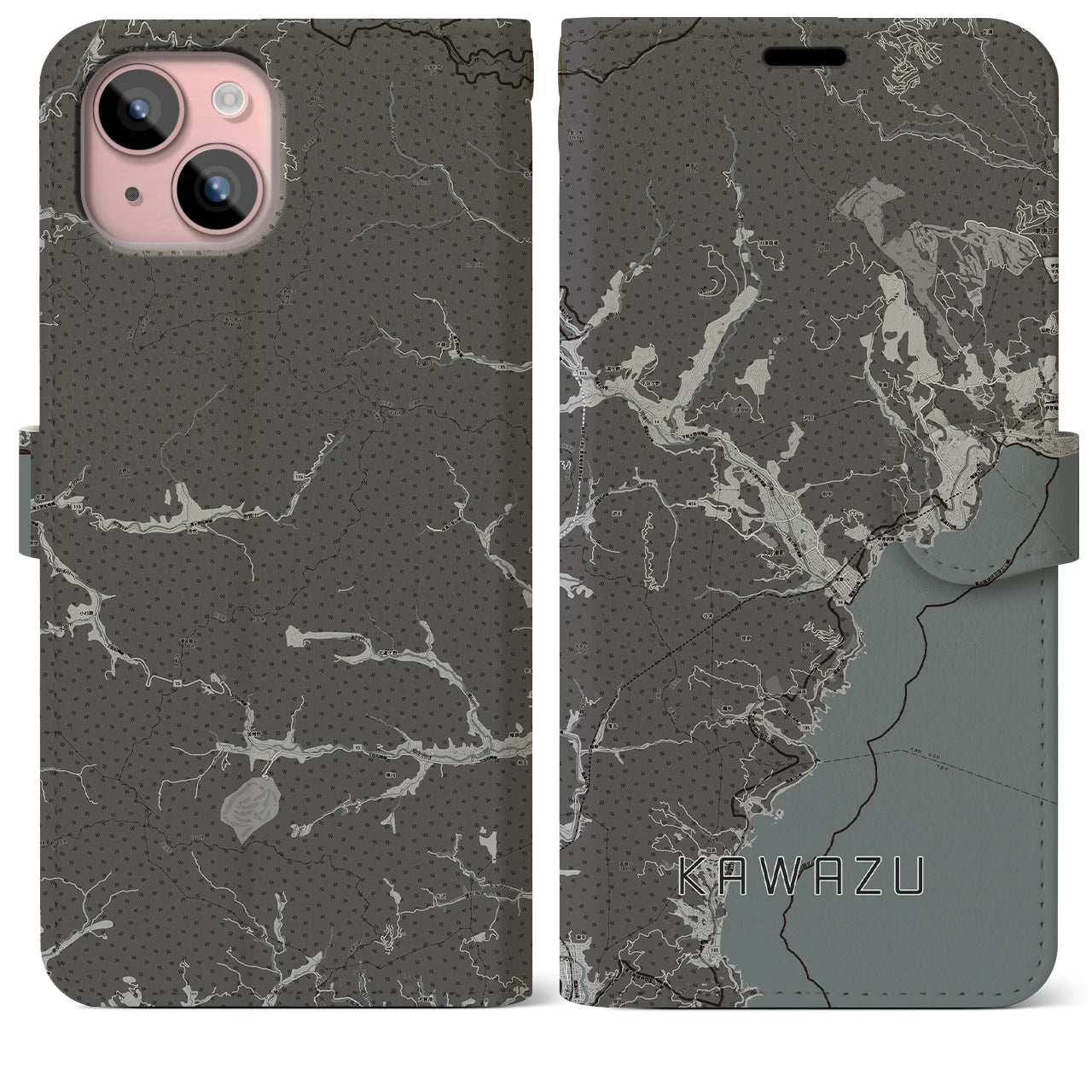 【河津(静岡県)】地図柄iPhoneケース(手帳タイプ)モノトーン・iPhone 15 Plus 用