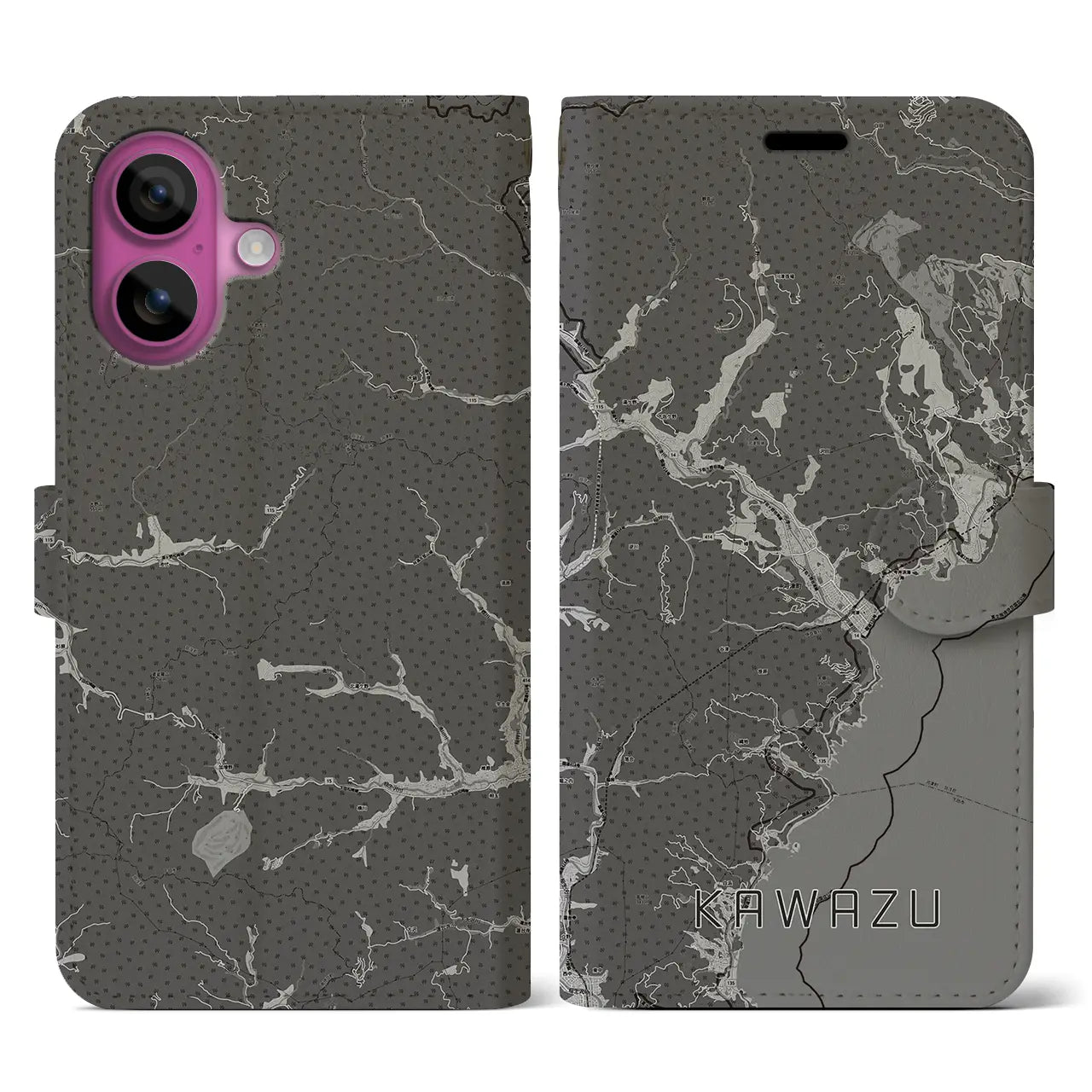 【河津(静岡県)】地図柄iPhoneケース(手帳タイプ)モノトーン・iPhone 16 Pro 用