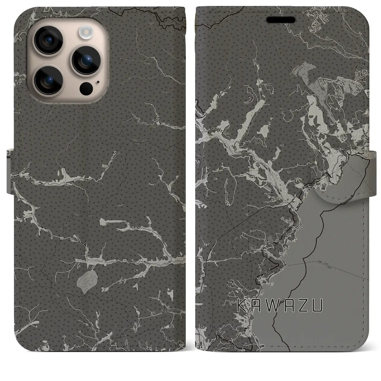 【河津(静岡県)】地図柄iPhoneケース(手帳タイプ)モノトーン・iPhone 16 Plus 用