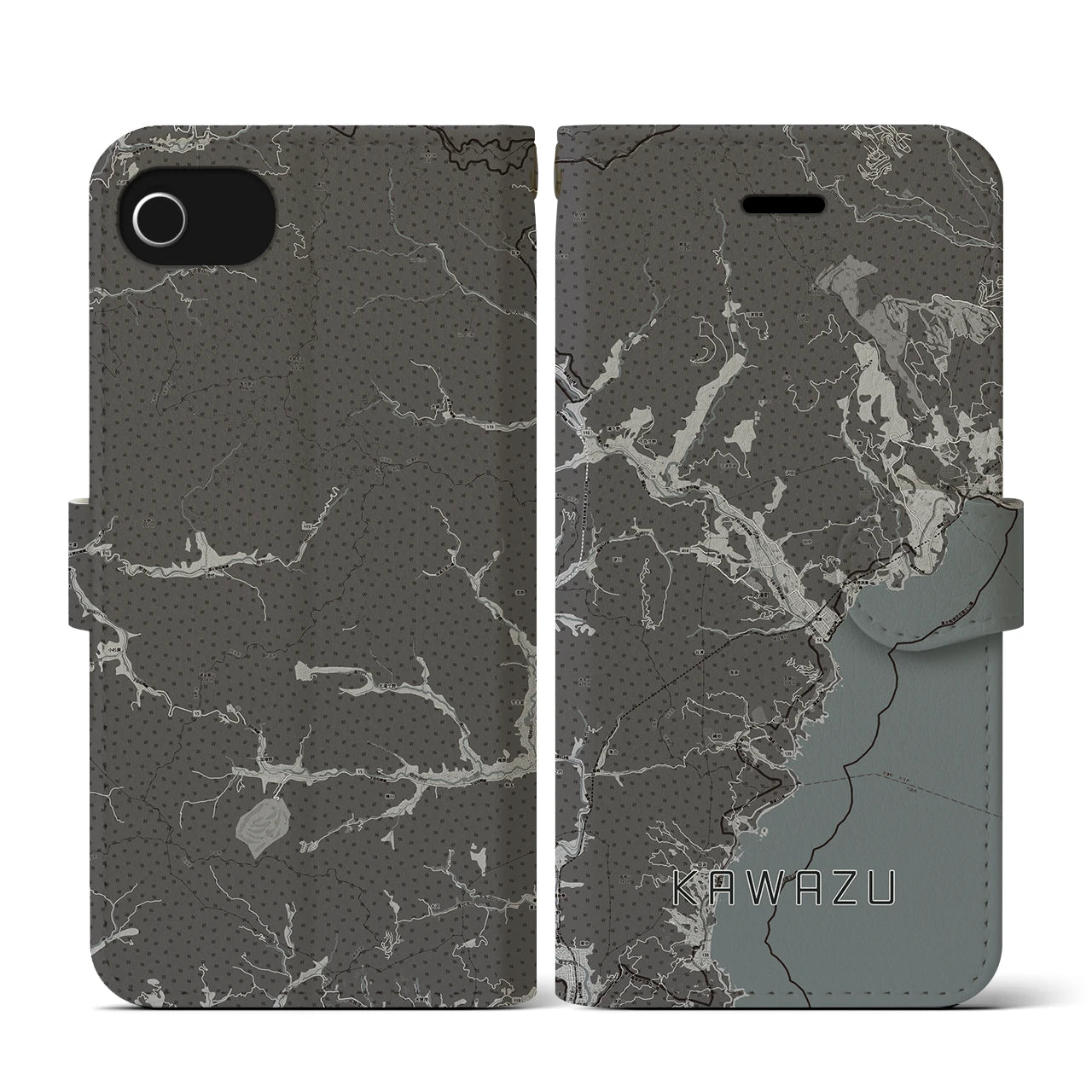 【河津(静岡県)】地図柄iPhoneケース(手帳タイプ)モノトーン・iPhone SE(第3 / 第2世代) / 8 / 7 / 6s / 6 用