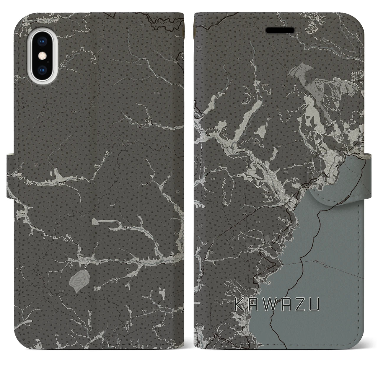 【河津(静岡県)】地図柄iPhoneケース(手帳タイプ)モノトーン・iPhone XS Max 用
