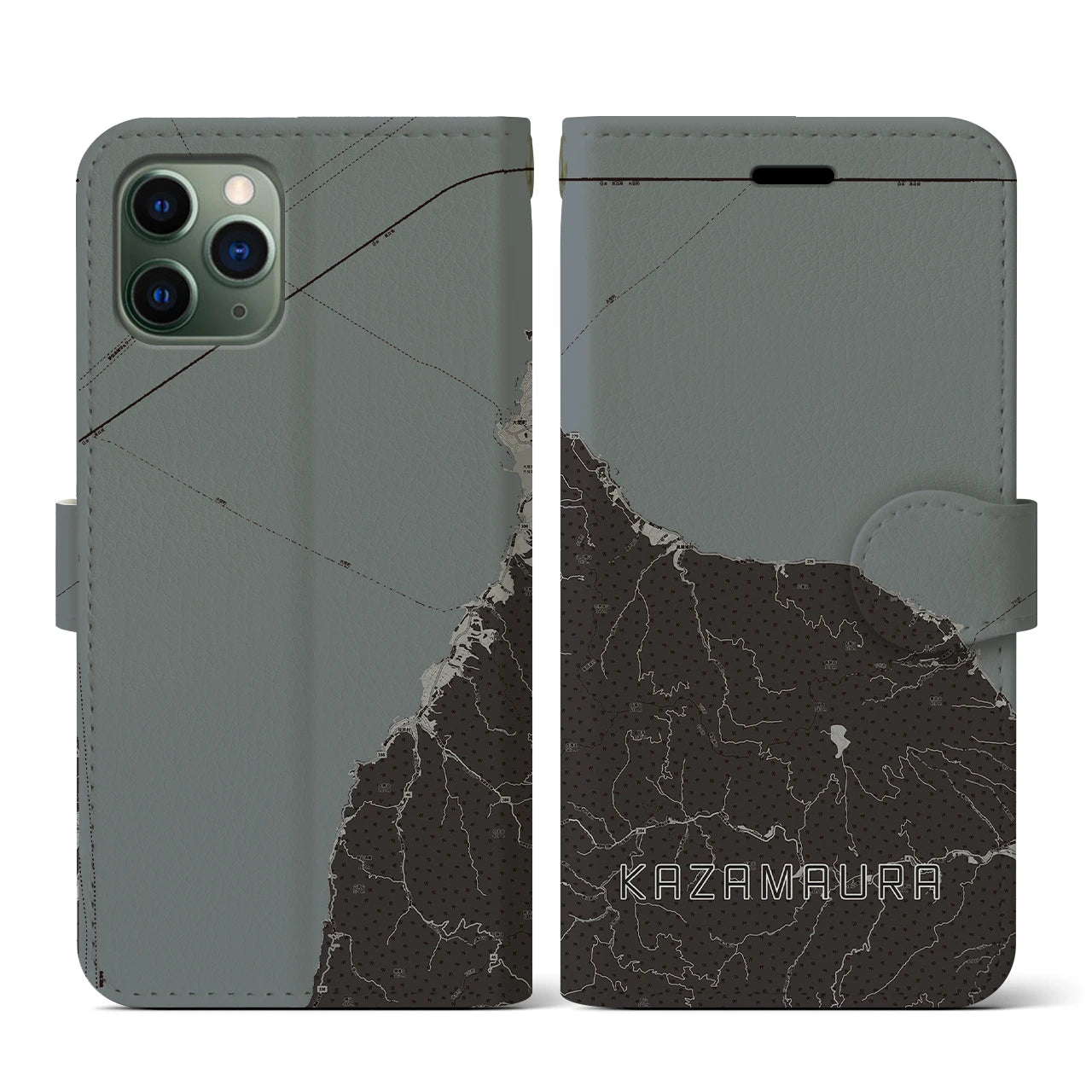 【風間浦(青森県)】地図柄iPhoneケース(手帳タイプ)モノトーン・iPhone 11 Pro 用