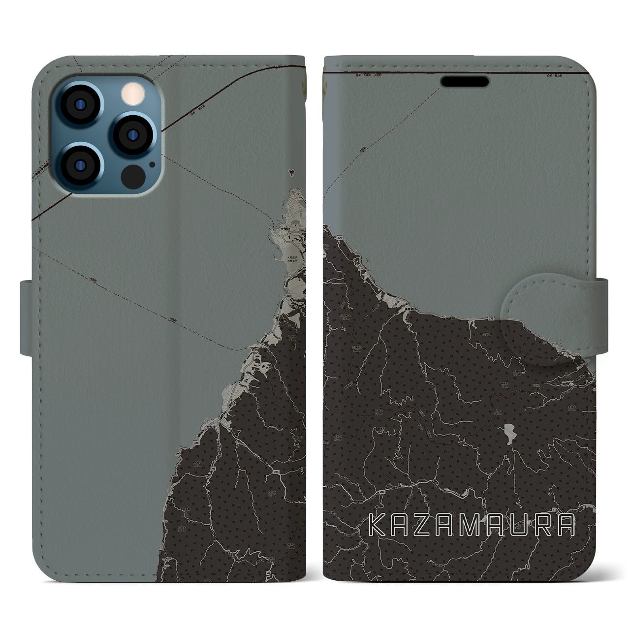 【風間浦(青森県)】地図柄iPhoneケース(手帳タイプ)モノトーン・iPhone 12 / 12 Pro 用