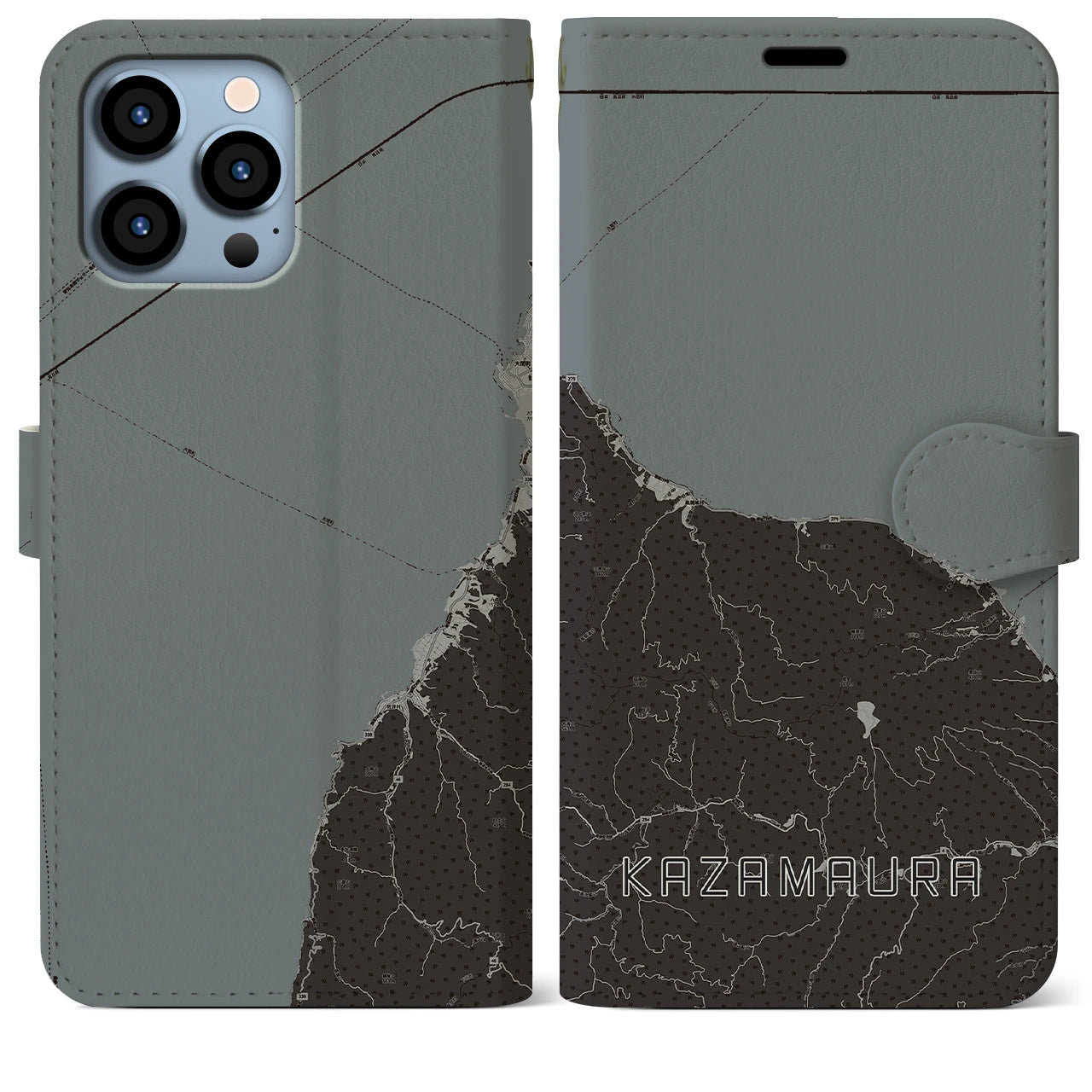 【風間浦(青森県)】地図柄iPhoneケース(手帳タイプ)モノトーン・iPhone 13 Pro Max 用