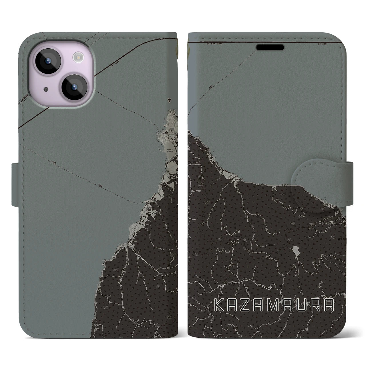 【風間浦(青森県)】地図柄iPhoneケース(手帳タイプ)モノトーン・iPhone 14 用