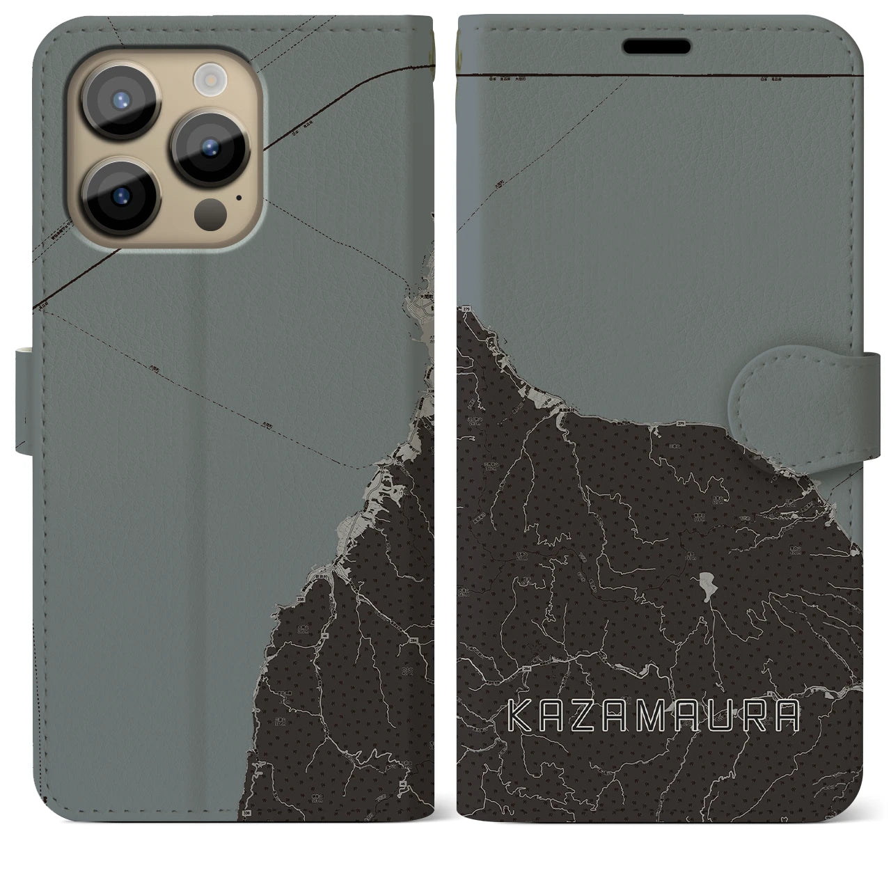 【風間浦(青森県)】地図柄iPhoneケース(手帳タイプ)モノトーン・iPhone 14 Pro Max 用