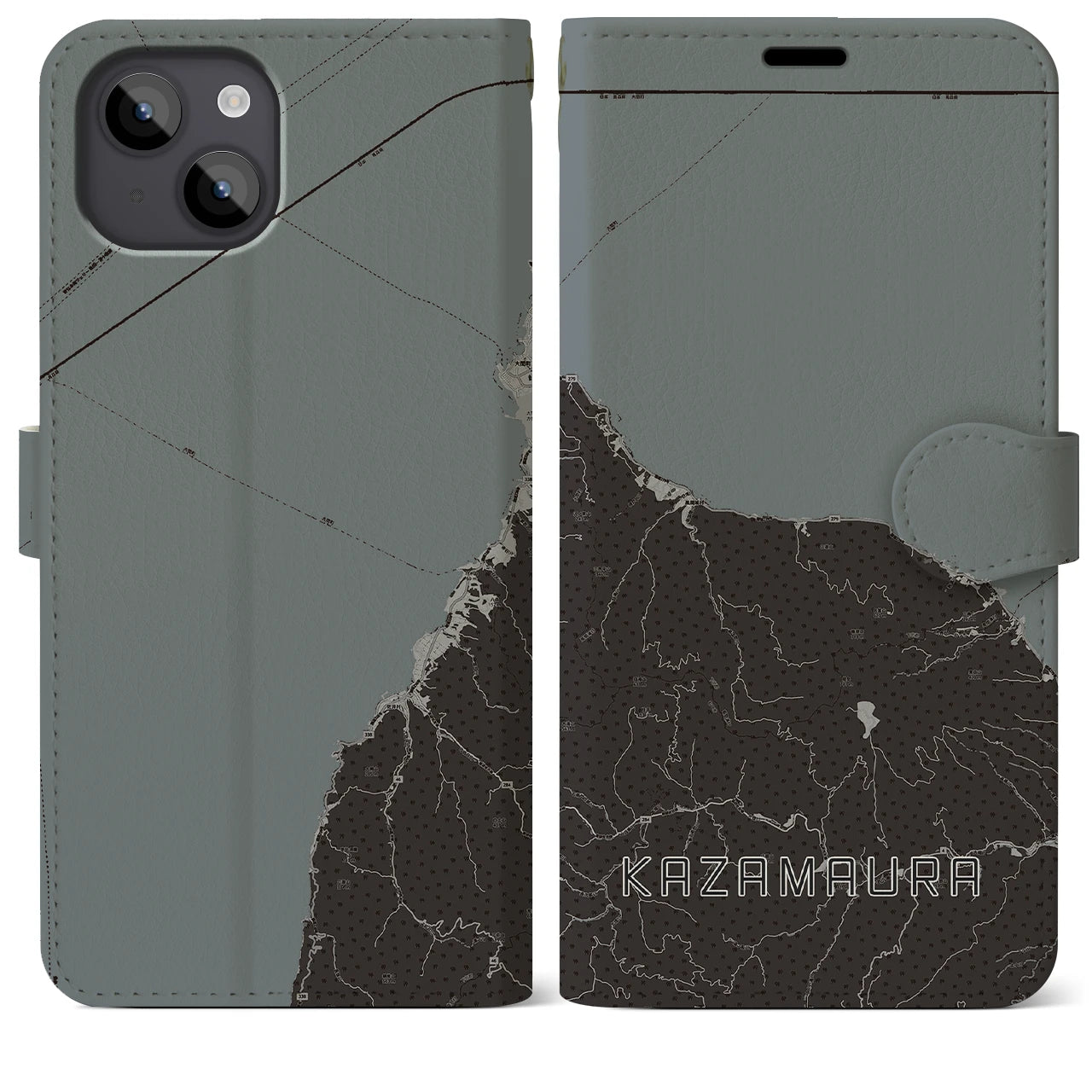 【風間浦(青森県)】地図柄iPhoneケース(手帳タイプ)モノトーン・iPhone 14 Plus 用