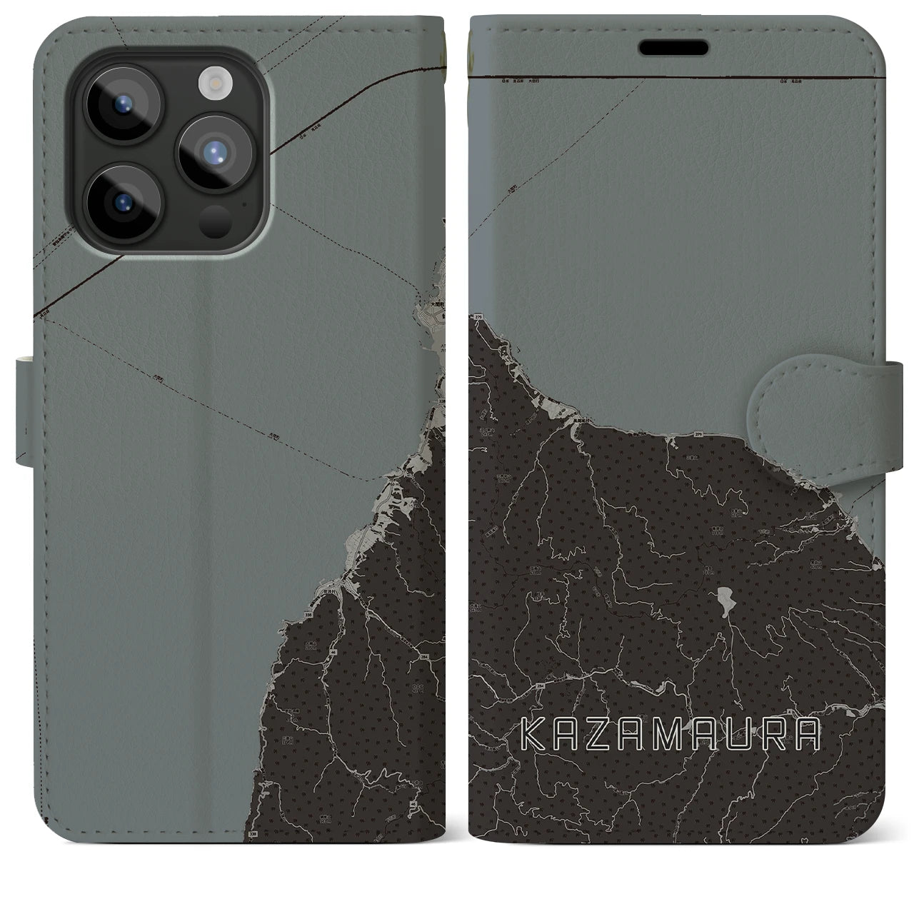 【風間浦(青森県)】地図柄iPhoneケース(手帳タイプ)モノトーン・iPhone 15 Pro Max 用