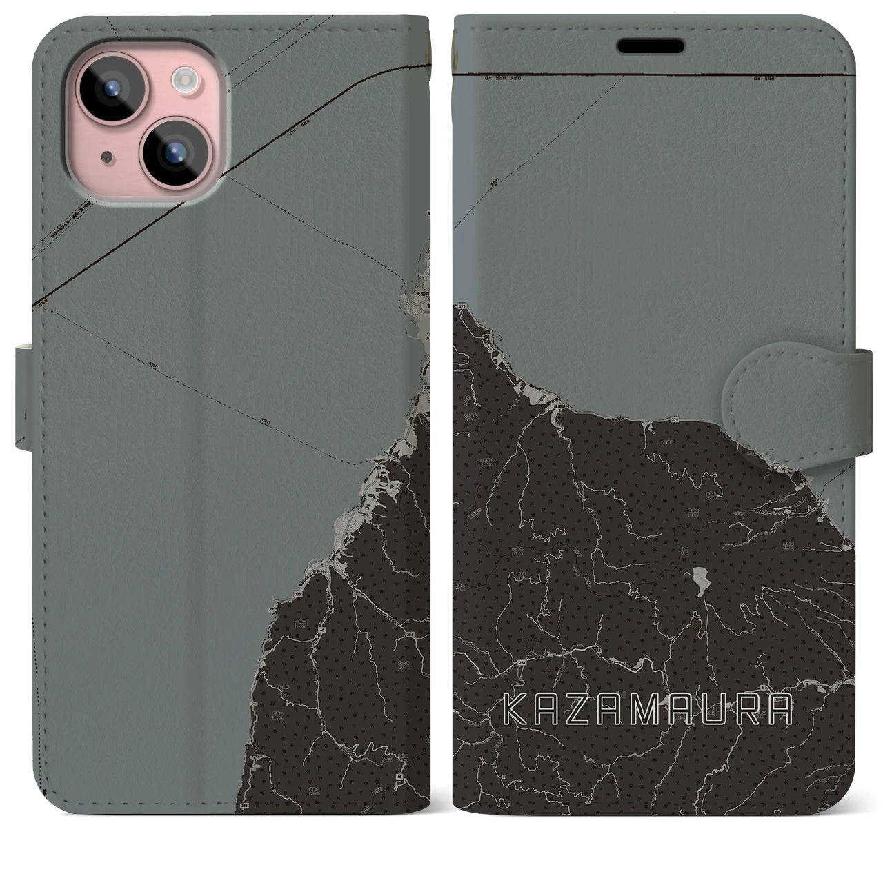 【風間浦(青森県)】地図柄iPhoneケース(手帳タイプ)モノトーン・iPhone 15 Plus 用