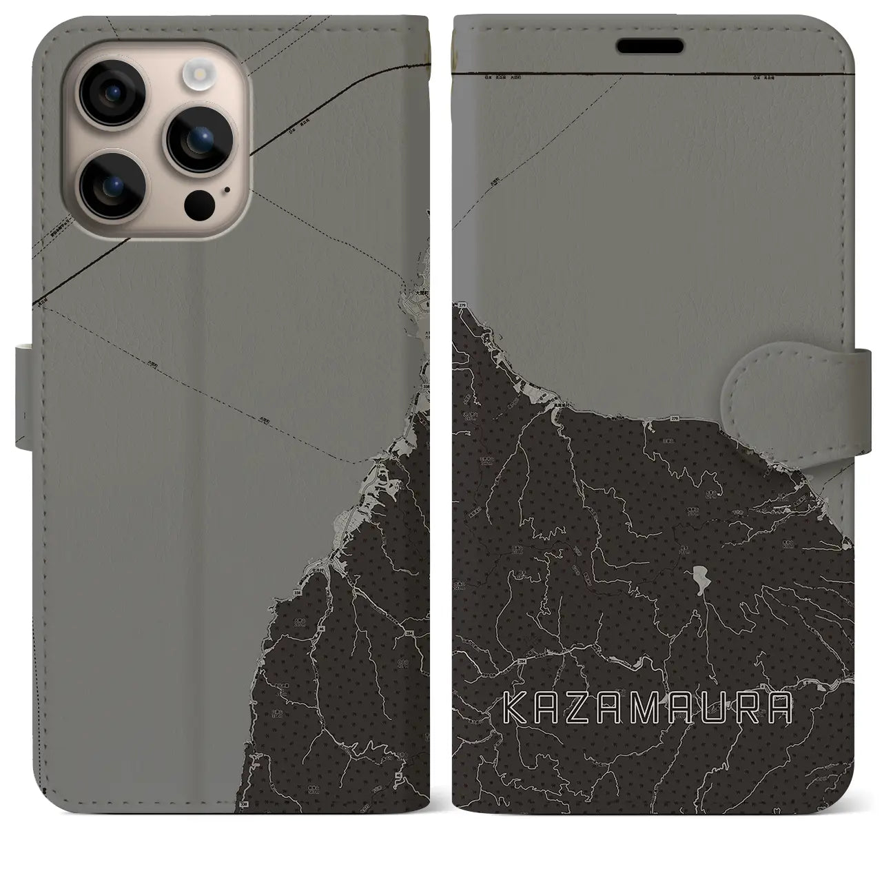 【風間浦(青森県)】地図柄iPhoneケース(手帳タイプ)モノトーン・iPhone 16 Plus 用