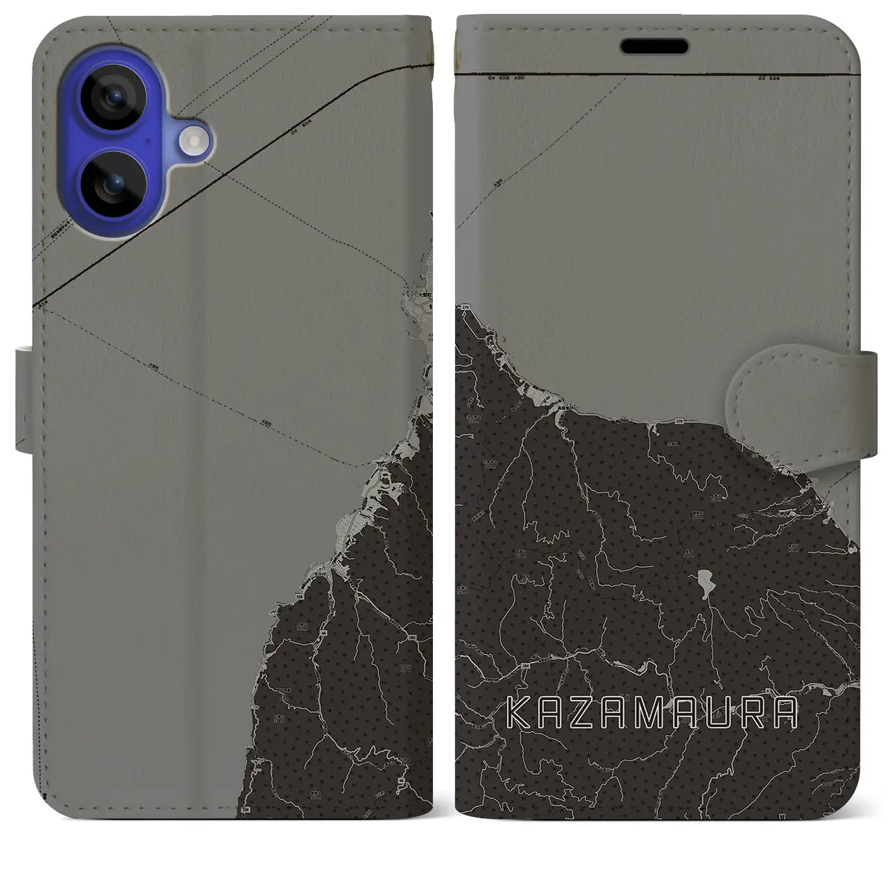 【風間浦(青森県)】地図柄iPhoneケース(手帳タイプ)モノトーン・iPhone 16 Pro Max 用