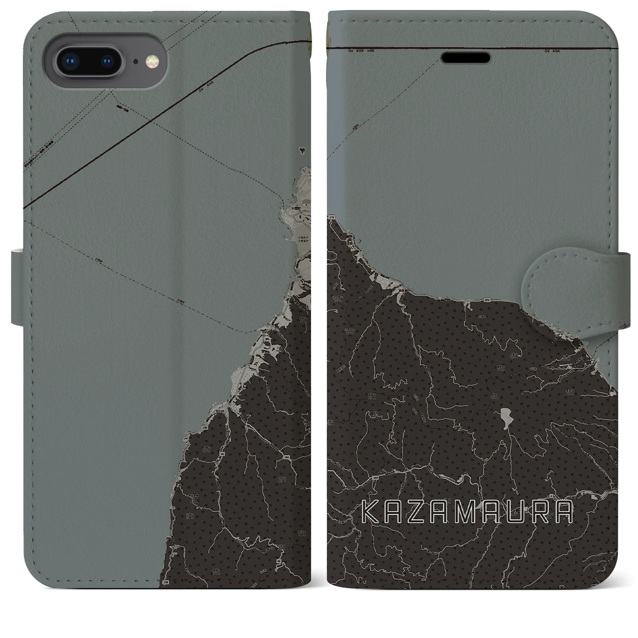 【風間浦(青森県)】地図柄iPhoneケース(手帳タイプ)モノトーン・iPhone 8Plus /7Plus / 6sPlus / 6Plus 用