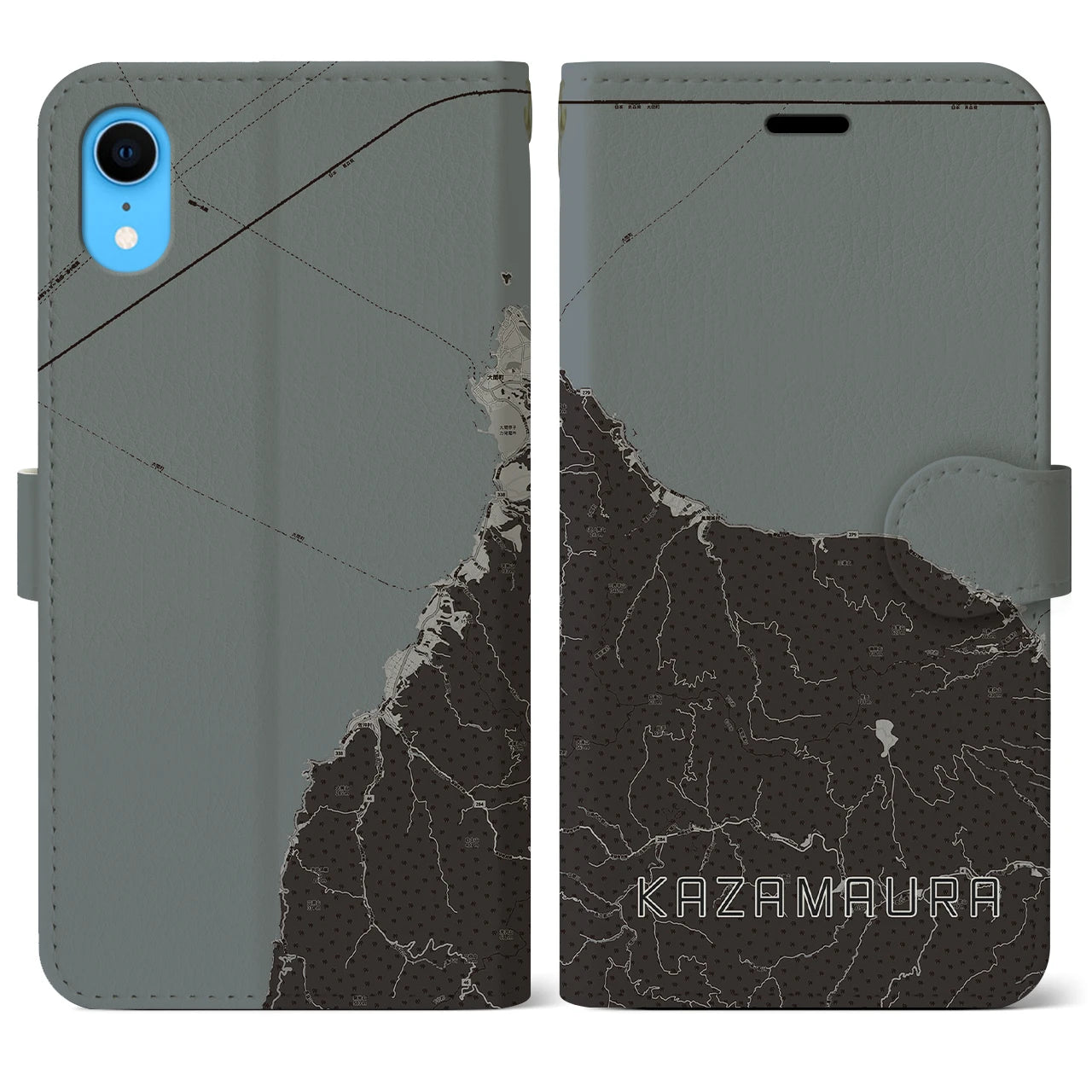 【風間浦(青森県)】地図柄iPhoneケース(手帳タイプ)モノトーン・iPhone XR 用