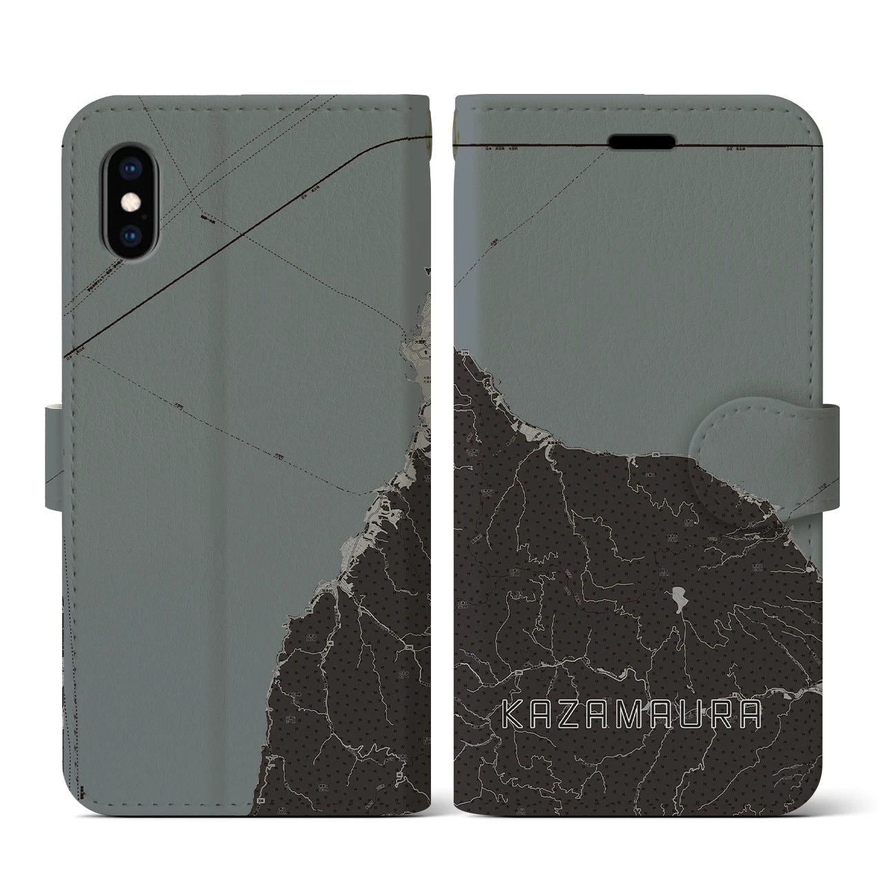 【風間浦(青森県)】地図柄iPhoneケース(手帳タイプ)モノトーン・iPhone XS / X 用