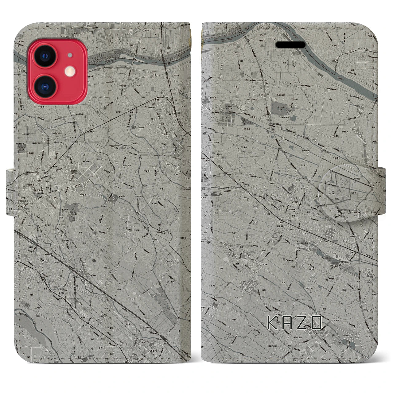 【加須(埼玉県)】地図柄iPhoneケース(手帳タイプ)モノトーン・iPhone 11 用