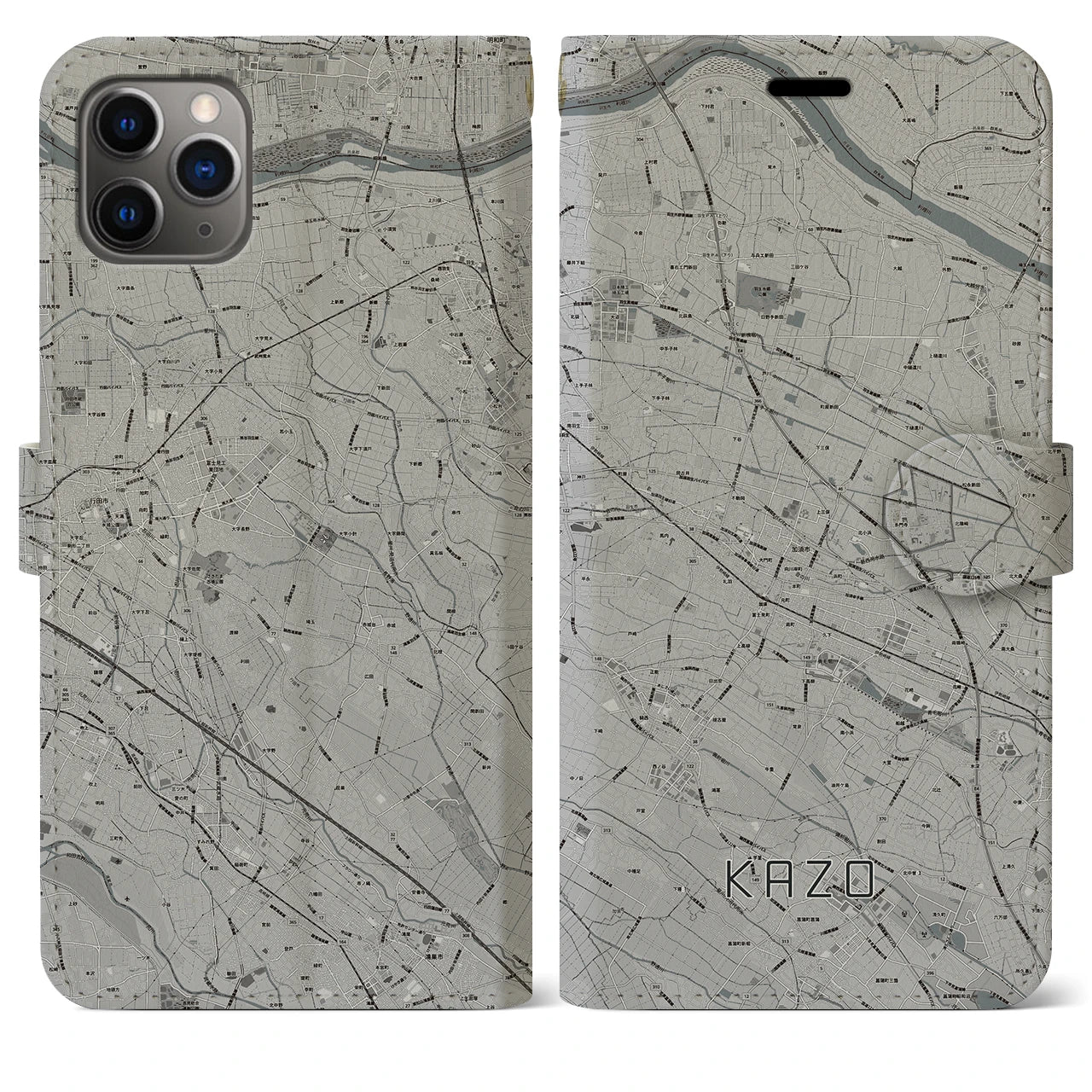 【加須(埼玉県)】地図柄iPhoneケース(手帳タイプ)モノトーン・iPhone 11 Pro Max 用