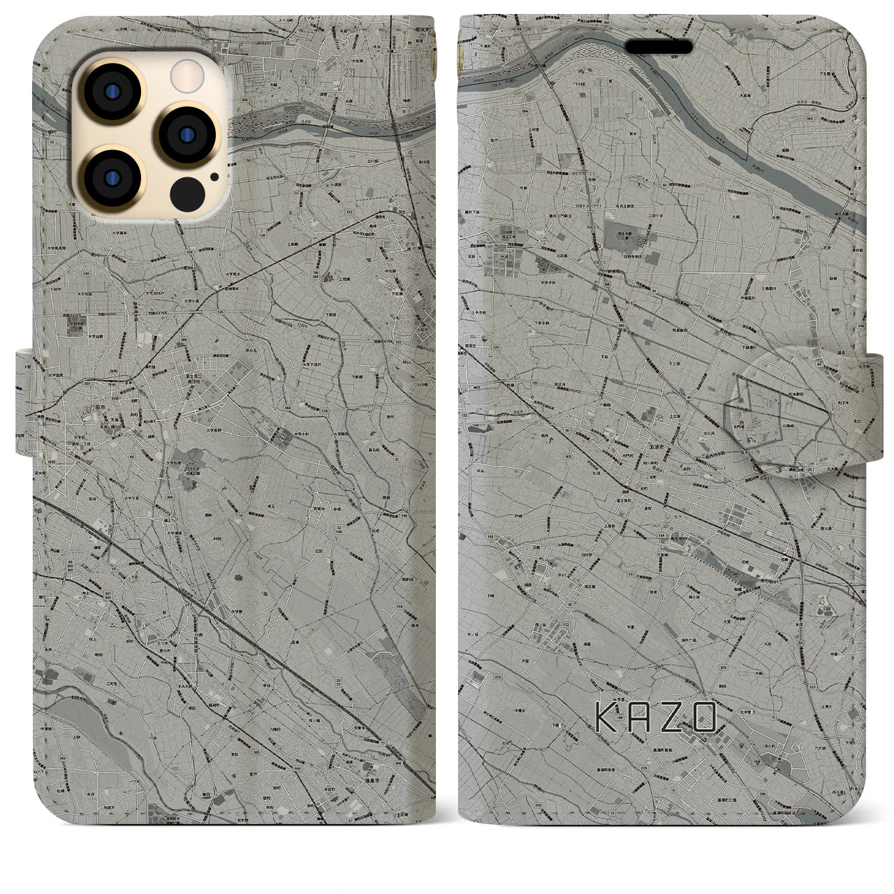 【加須(埼玉県)】地図柄iPhoneケース(手帳タイプ)モノトーン・iPhone 12 Pro Max 用