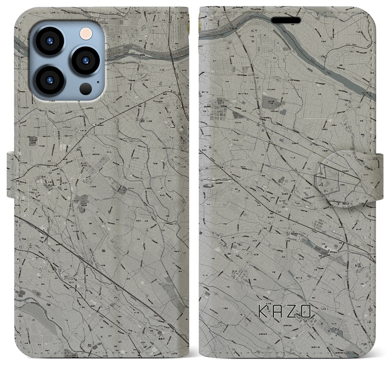 【加須(埼玉県)】地図柄iPhoneケース(手帳タイプ)モノトーン・iPhone 13 Pro Max 用