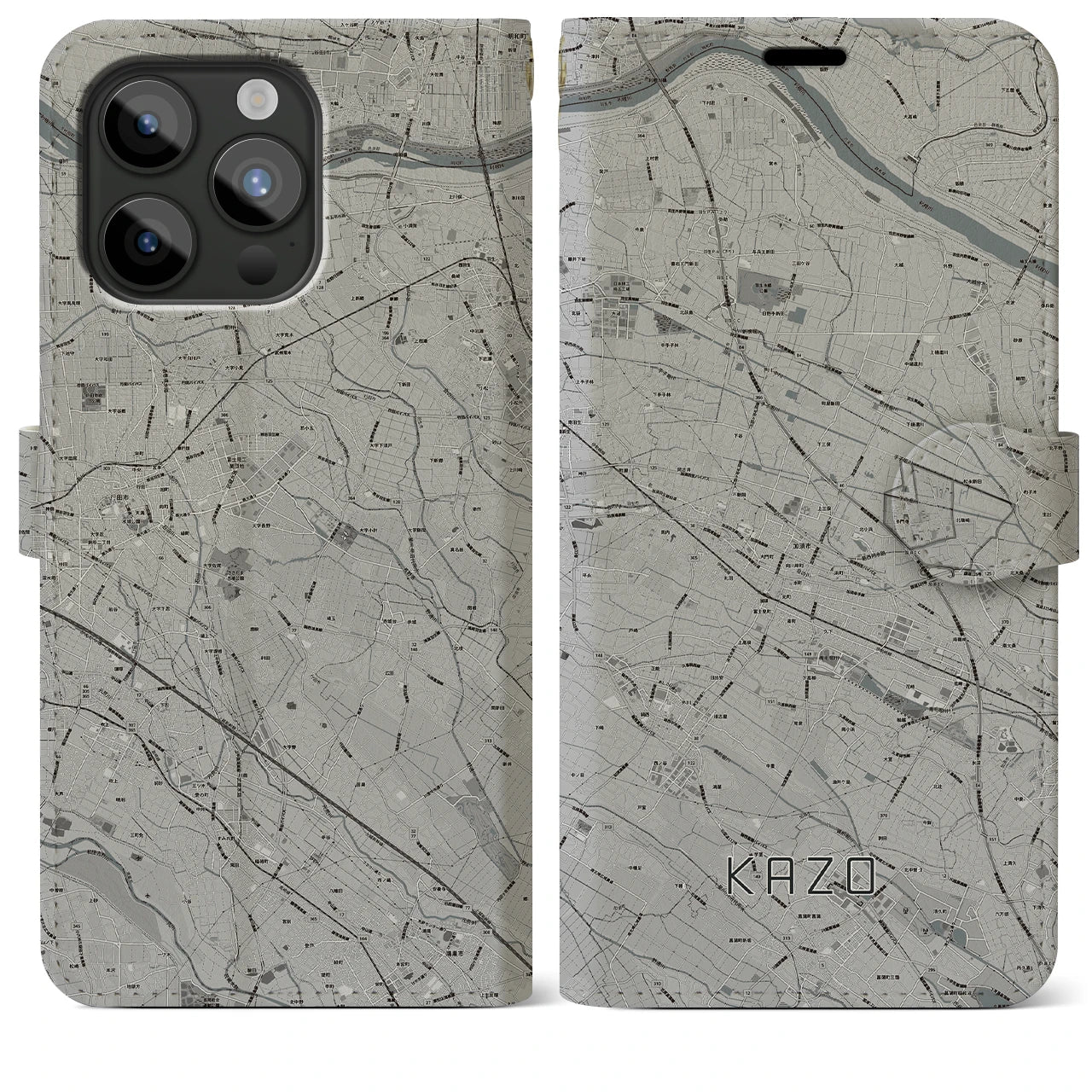 【加須(埼玉県)】地図柄iPhoneケース(手帳タイプ)モノトーン・iPhone 15 Pro Max 用