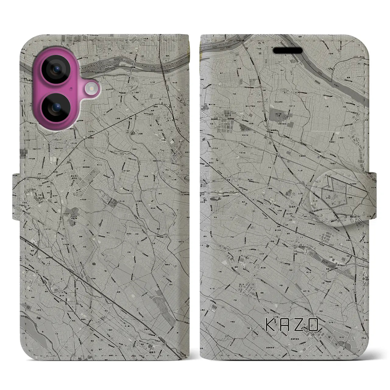 【加須(埼玉県)】地図柄iPhoneケース(手帳タイプ)モノトーン・iPhone 16 Pro 用
