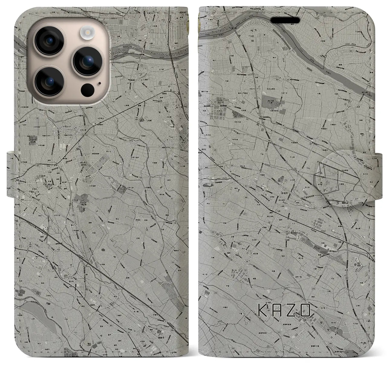 【加須(埼玉県)】地図柄iPhoneケース(手帳タイプ)モノトーン・iPhone 16 Plus 用