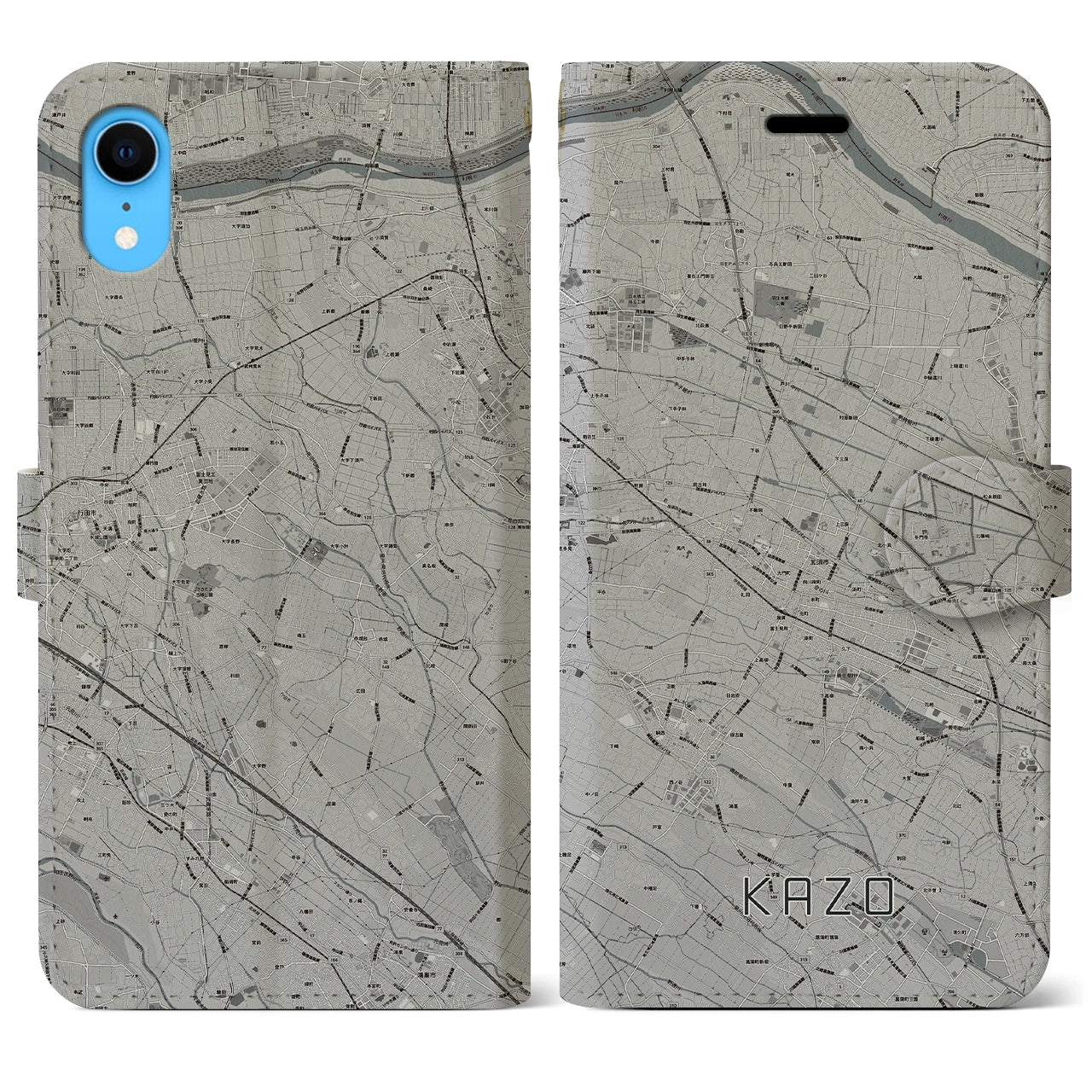 【加須(埼玉県)】地図柄iPhoneケース(手帳タイプ)モノトーン・iPhone XR 用