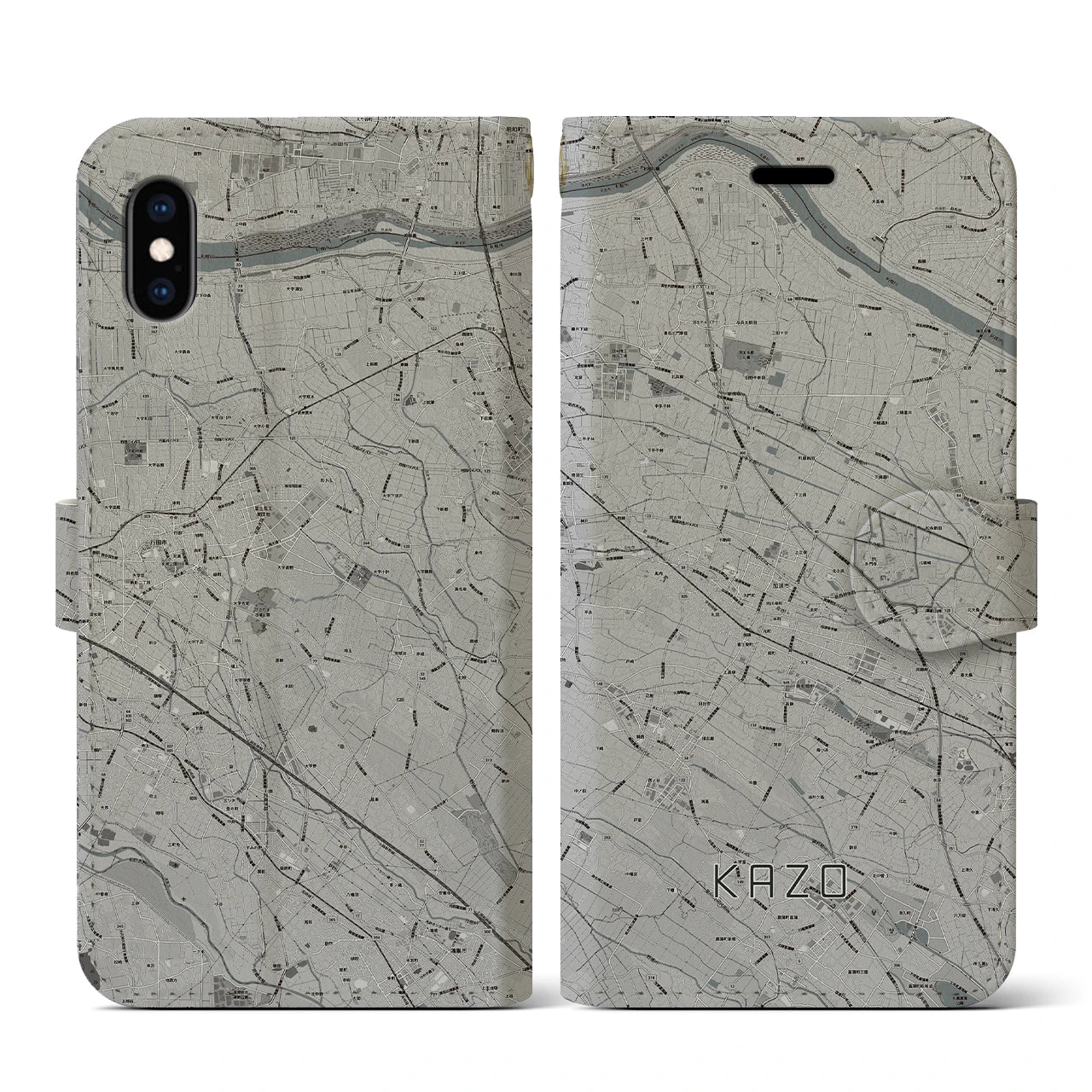 【加須(埼玉県)】地図柄iPhoneケース(手帳タイプ)モノトーン・iPhone XS / X 用