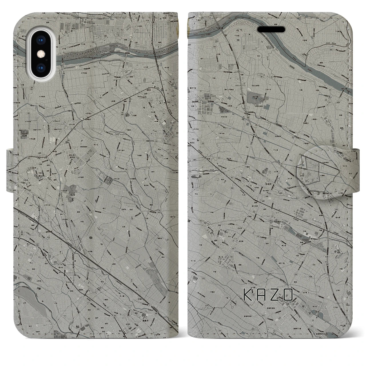 【加須(埼玉県)】地図柄iPhoneケース(手帳タイプ)モノトーン・iPhone XS Max 用