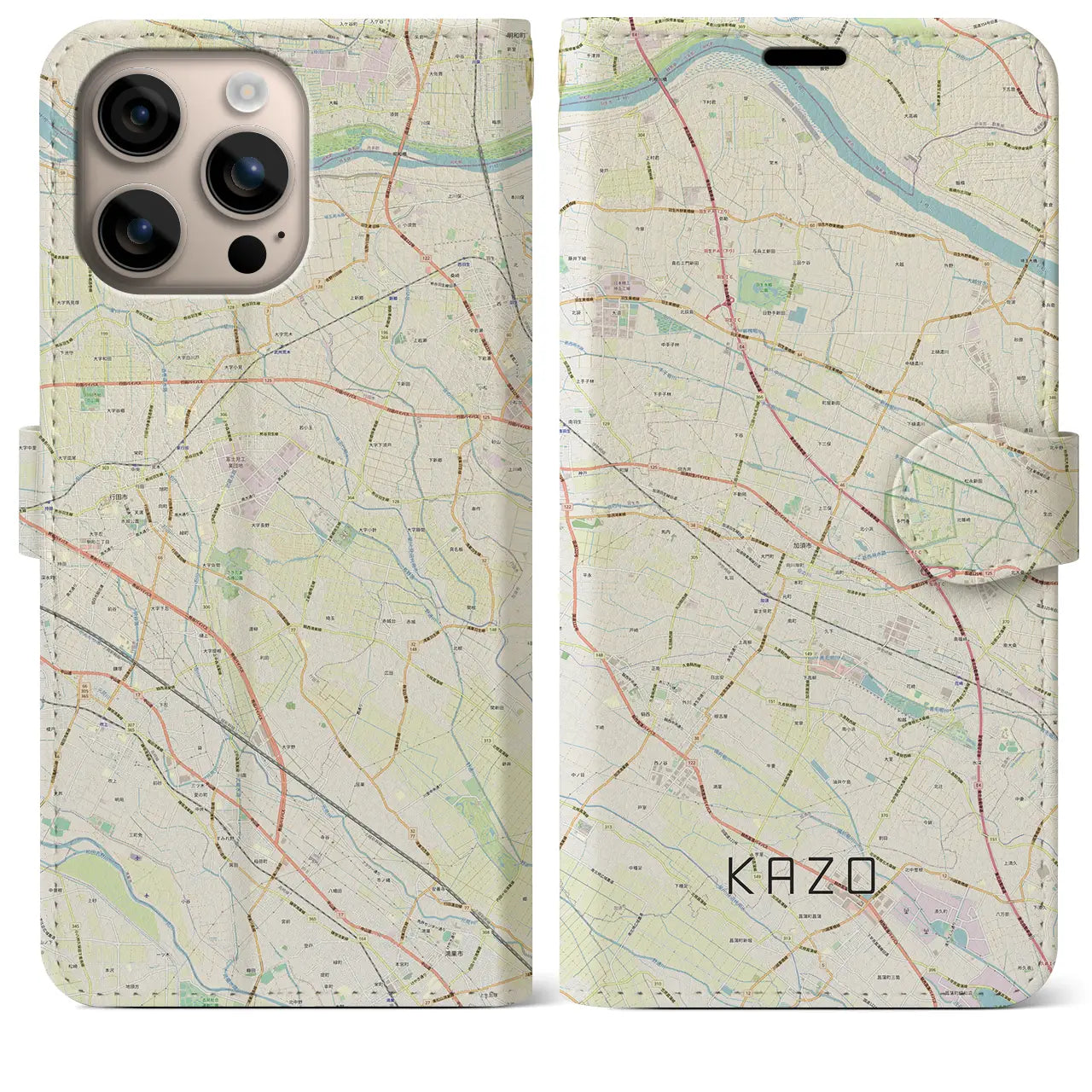 【加須(埼玉県)】地図柄iPhoneケース(手帳タイプ)ナチュラル・iPhone 16 Plus 用