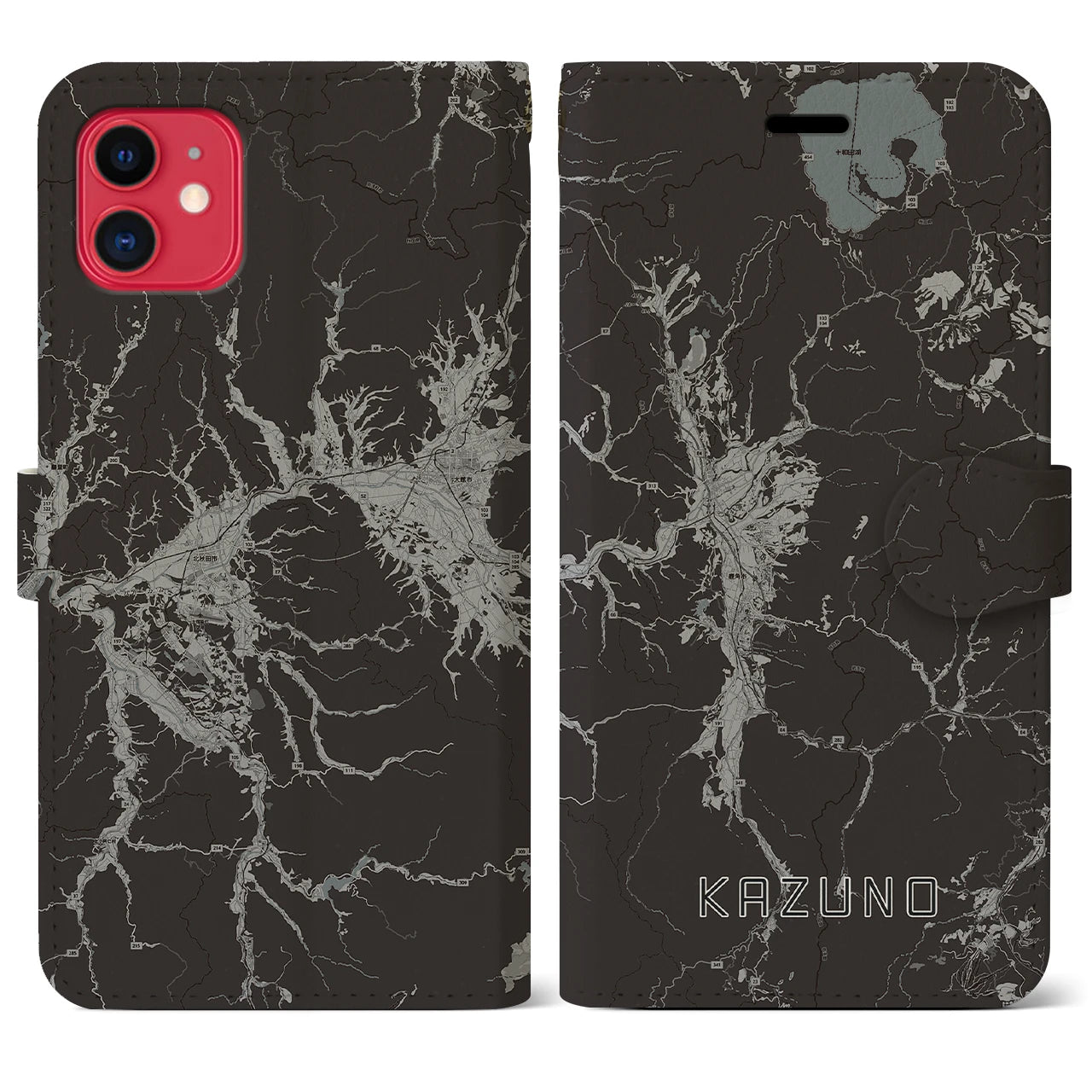 【鹿角(秋田県)】地図柄iPhoneケース(手帳タイプ)モノトーン・iPhone 11 用