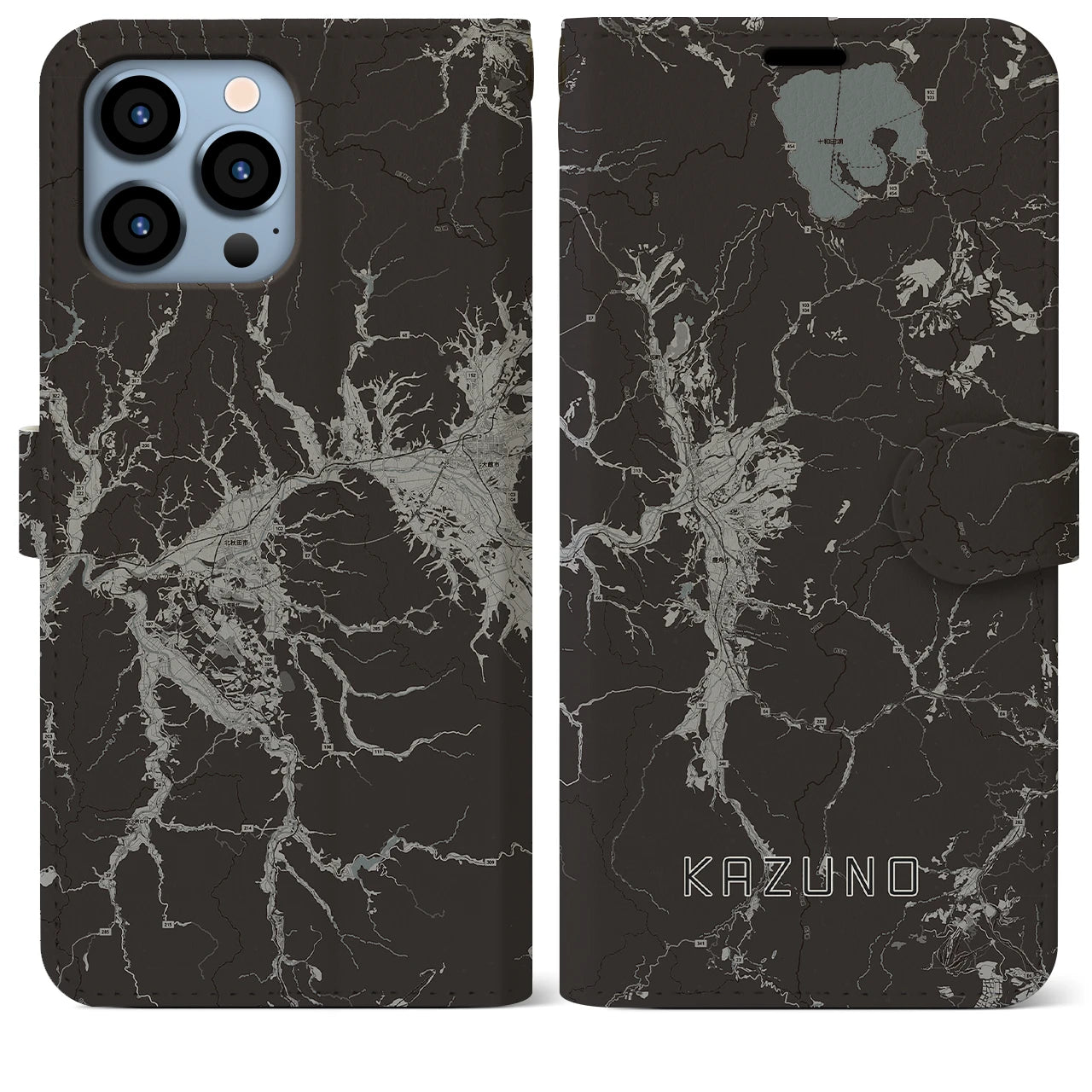 【鹿角(秋田県)】地図柄iPhoneケース(手帳タイプ)モノトーン・iPhone 13 Pro Max 用