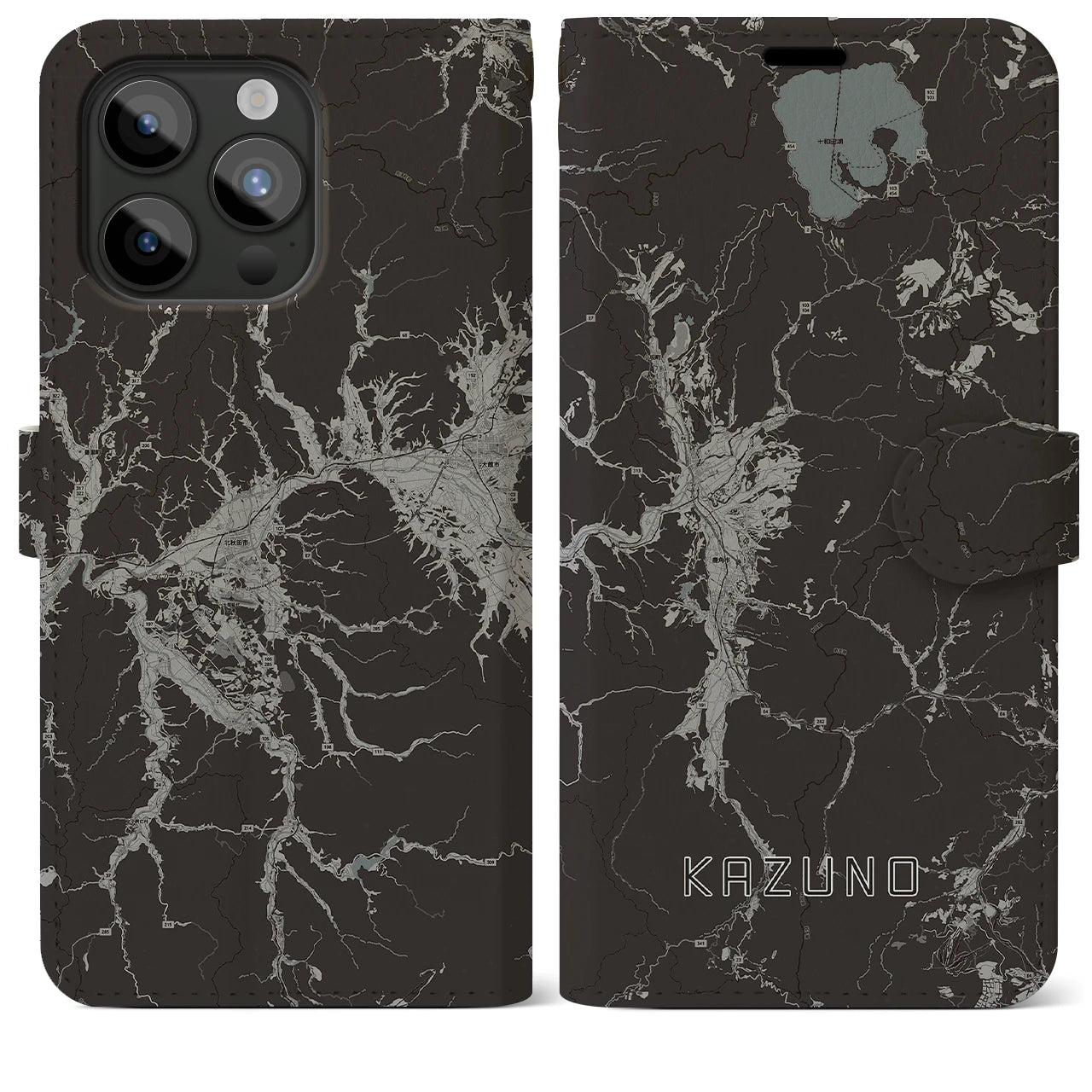 【鹿角(秋田県)】地図柄iPhoneケース(手帳タイプ)モノトーン・iPhone 15 Pro Max 用
