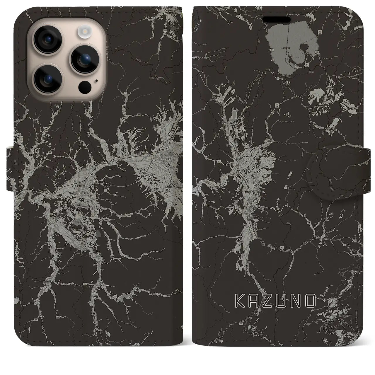 【鹿角(秋田県)】地図柄iPhoneケース(手帳タイプ)モノトーン・iPhone 16 Plus 用