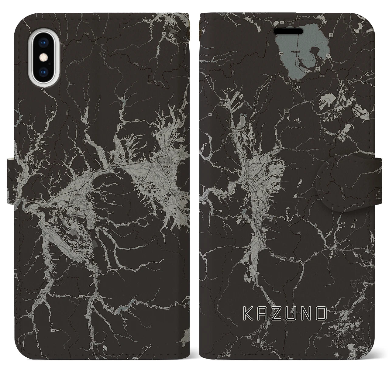 【鹿角(秋田県)】地図柄iPhoneケース(手帳タイプ)モノトーン・iPhone XS Max 用
