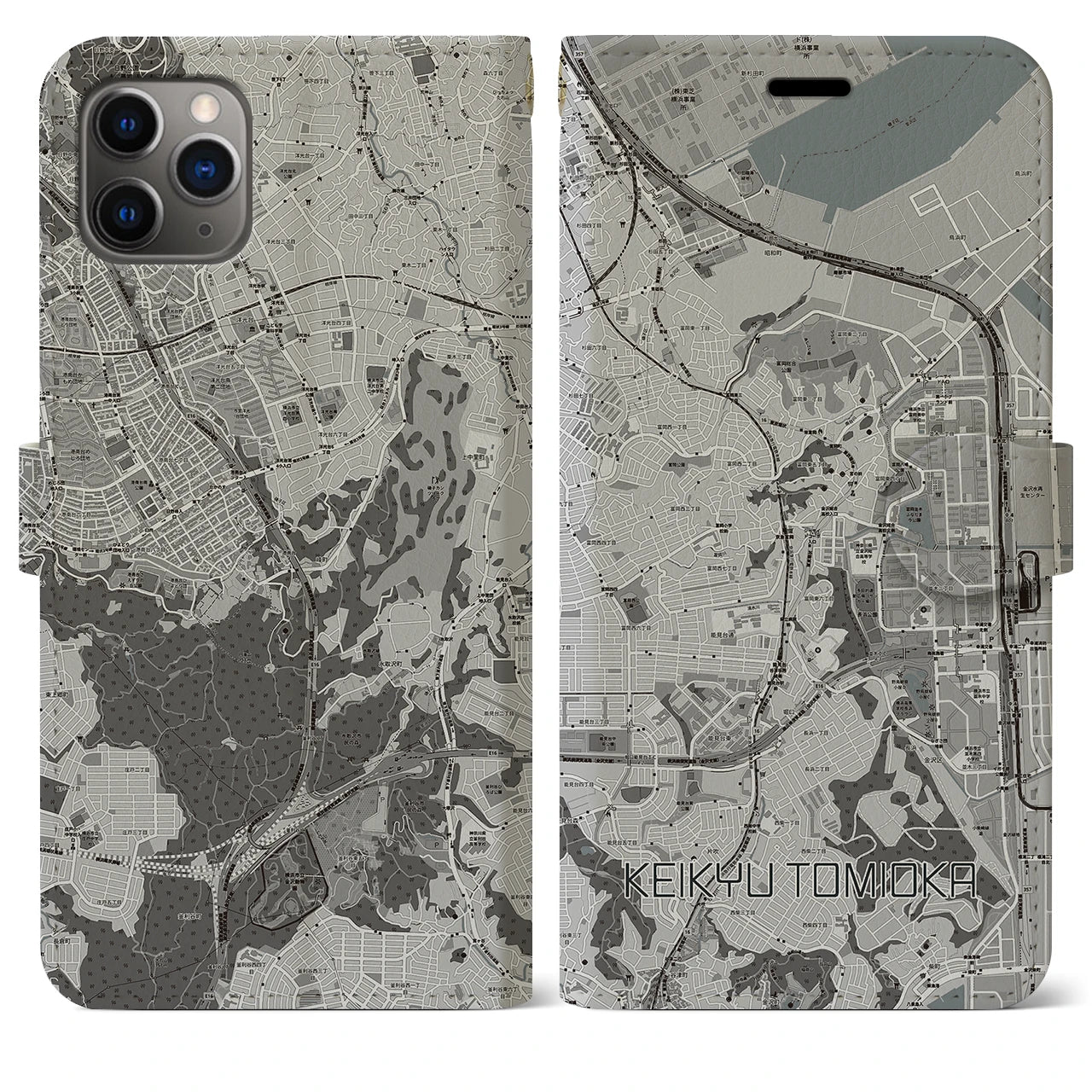 【京急富岡(神奈川県)】地図柄iPhoneケース(手帳タイプ)モノトーン・iPhone 11 Pro Max 用