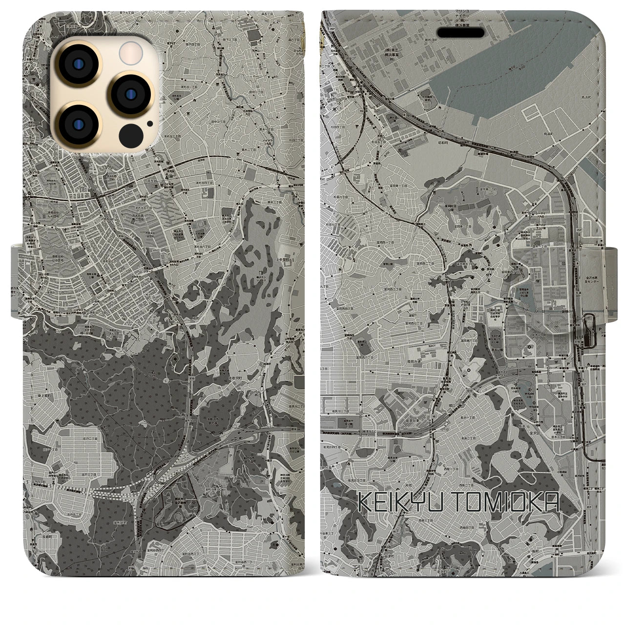 【京急富岡(神奈川県)】地図柄iPhoneケース(手帳タイプ)モノトーン・iPhone 12 Pro Max 用